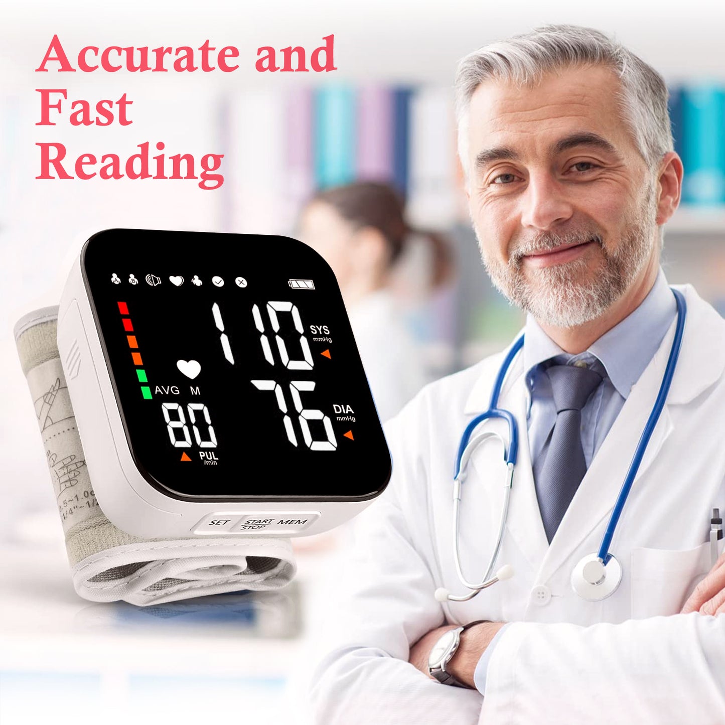 Blood Pressure Monitor, Wrist Pressure LCD Display Automatic Voice Pulsometer Sphygmomanometer, Rechargable Heart Health BP Monitor for Home Travel Use,White