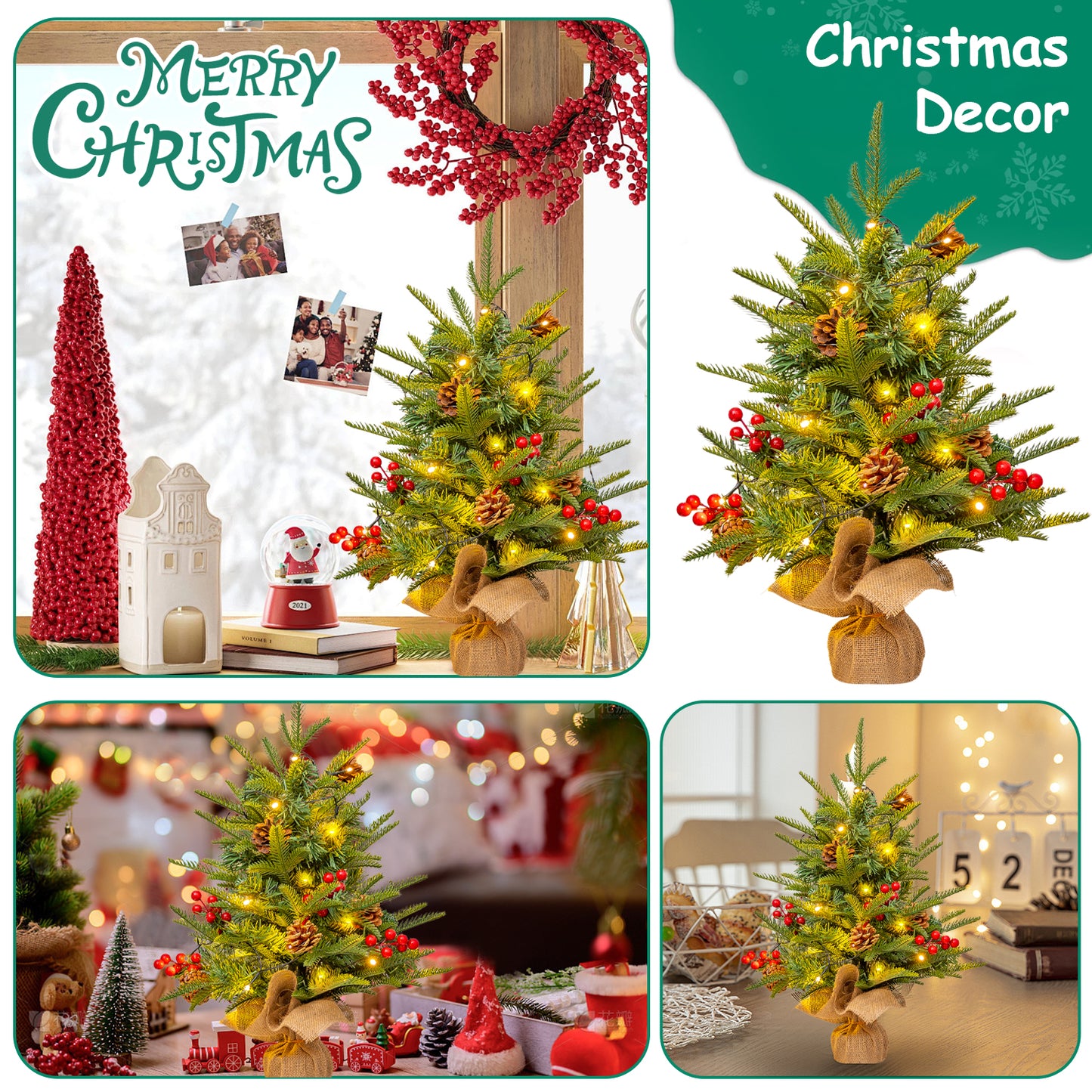 24 inch Tabletop Christmas Tree, Artificial Mini Christmas Tree Desktop Christmas Pine Tree with Hanging Ornaments and Stand for Christmas Holiday Decoration