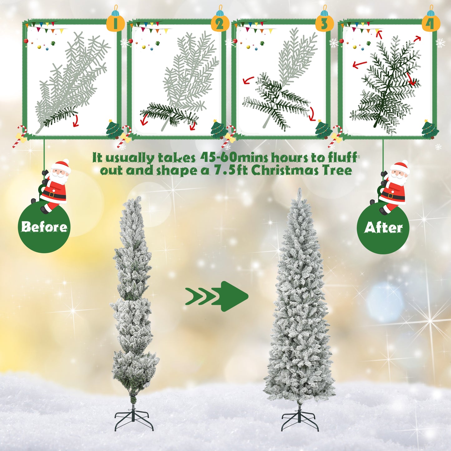 7.5FT Pre-Lit Snow Flocked Pencil Christmas Tree, 250 Lights 1000 Tips Artificial Xmas Tree with 8 Light-Modes, Metal Base Stand for Home Holiday Decoration, White