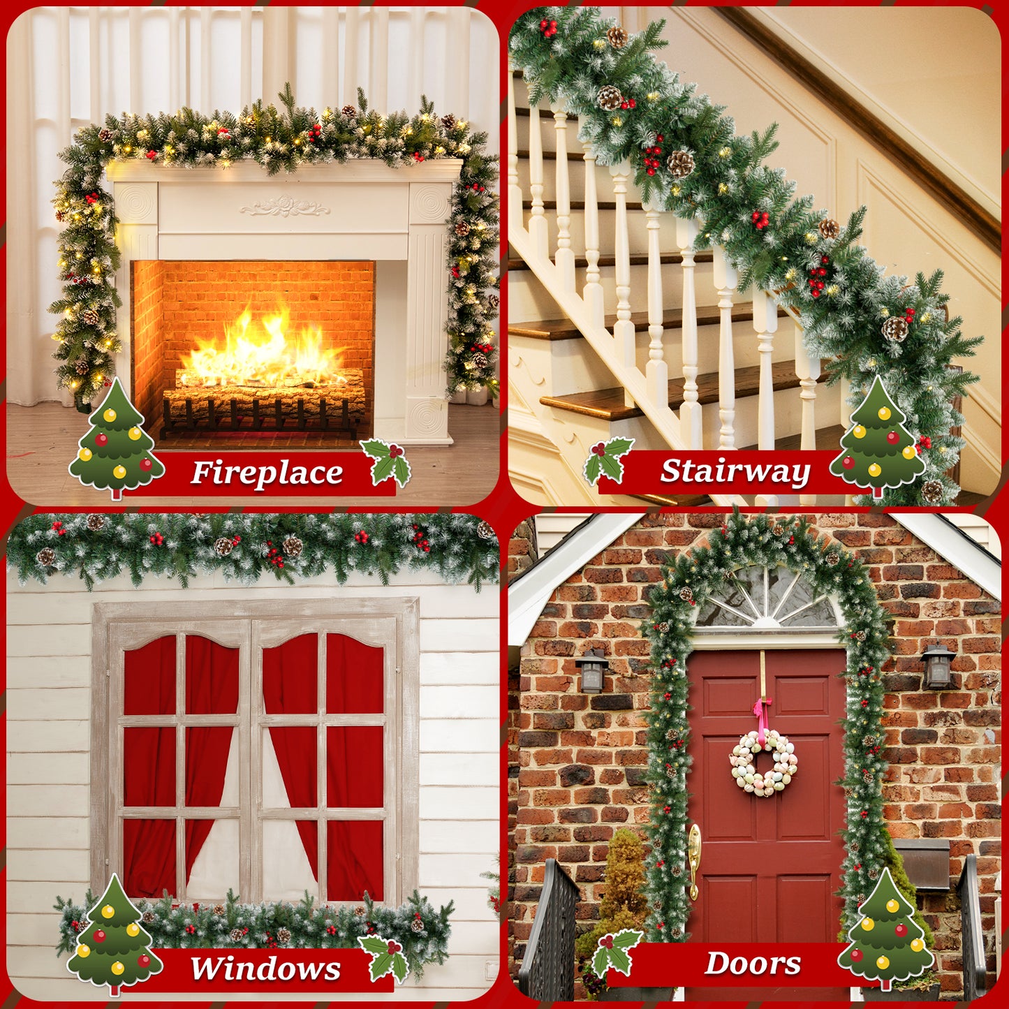 Melliful 9FT Pre-Lit Christmas Garland with Lights, Red Berries Branches Pine Cones Artificial Christmas Decoration for Outdoor Indoor Decor