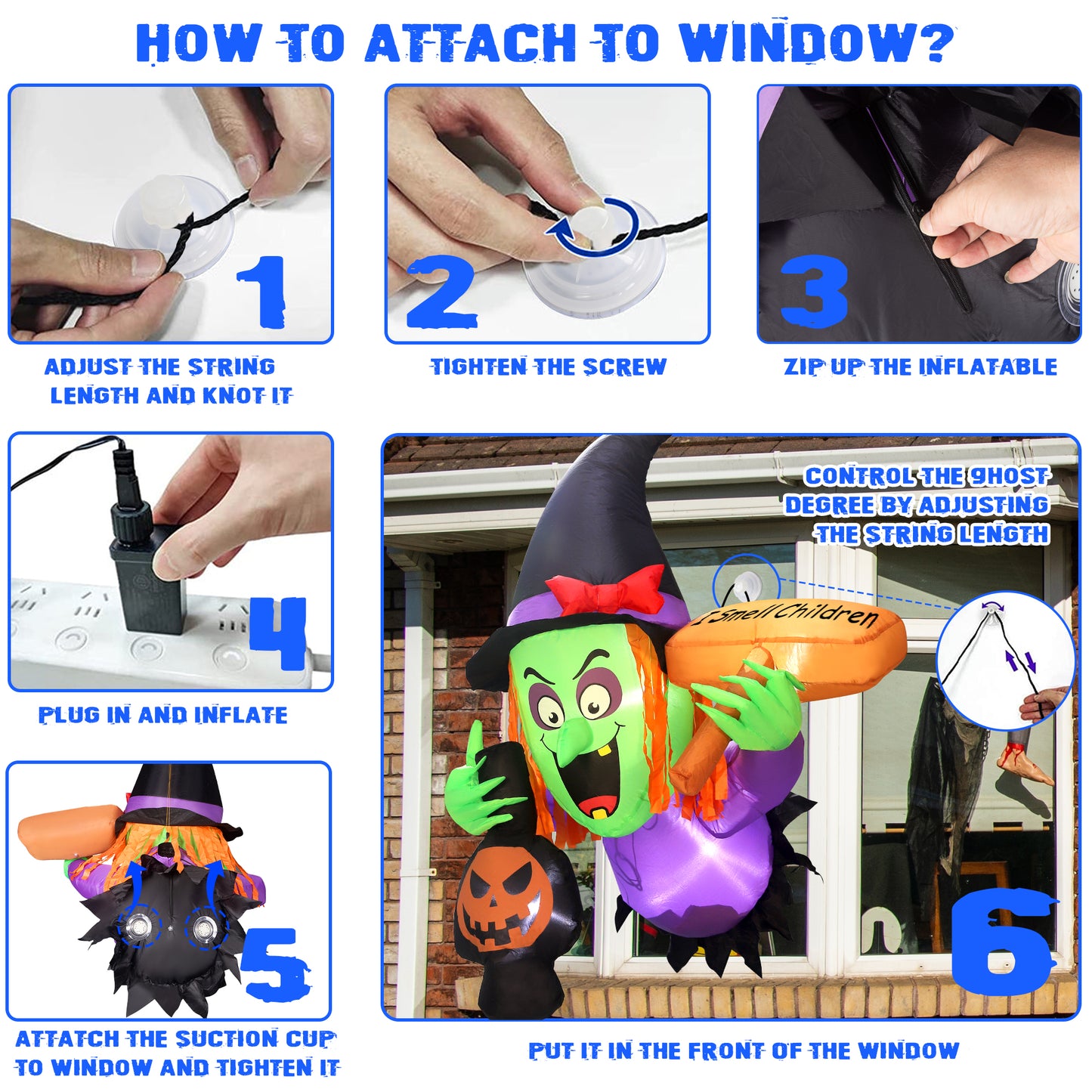 Posrue 4ft Halloween Inflatable Scary Witch Rush Out of Window ,with Built-in LED Lights, Inflatable for Halloween Party Indoor, Outdoor, Patio, Garden, Lawn Decoration