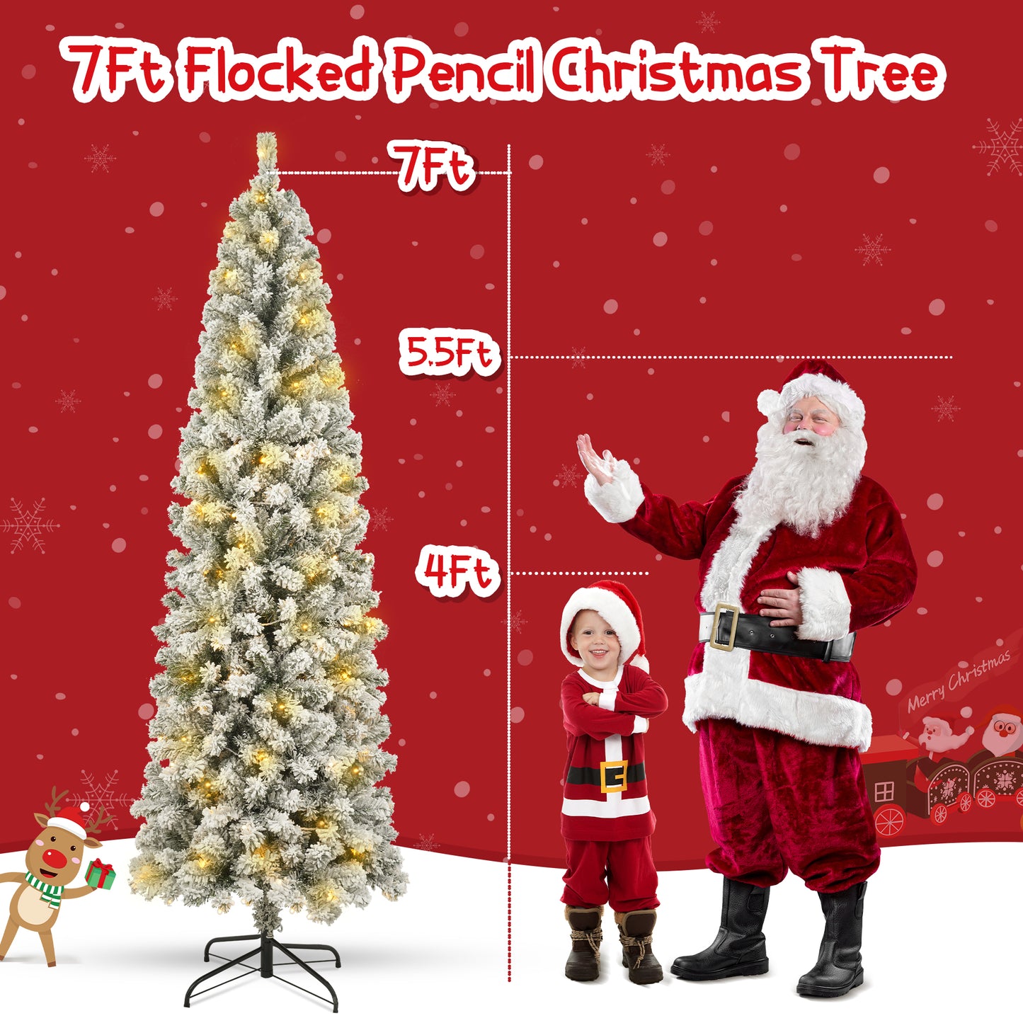 7ft Pre-Lit Artificial Pencil Christmas Tree Snow Flocked Slim Skinny Xmas Tree Holiday Decoration with 900 Tips and 250 Warm Lights