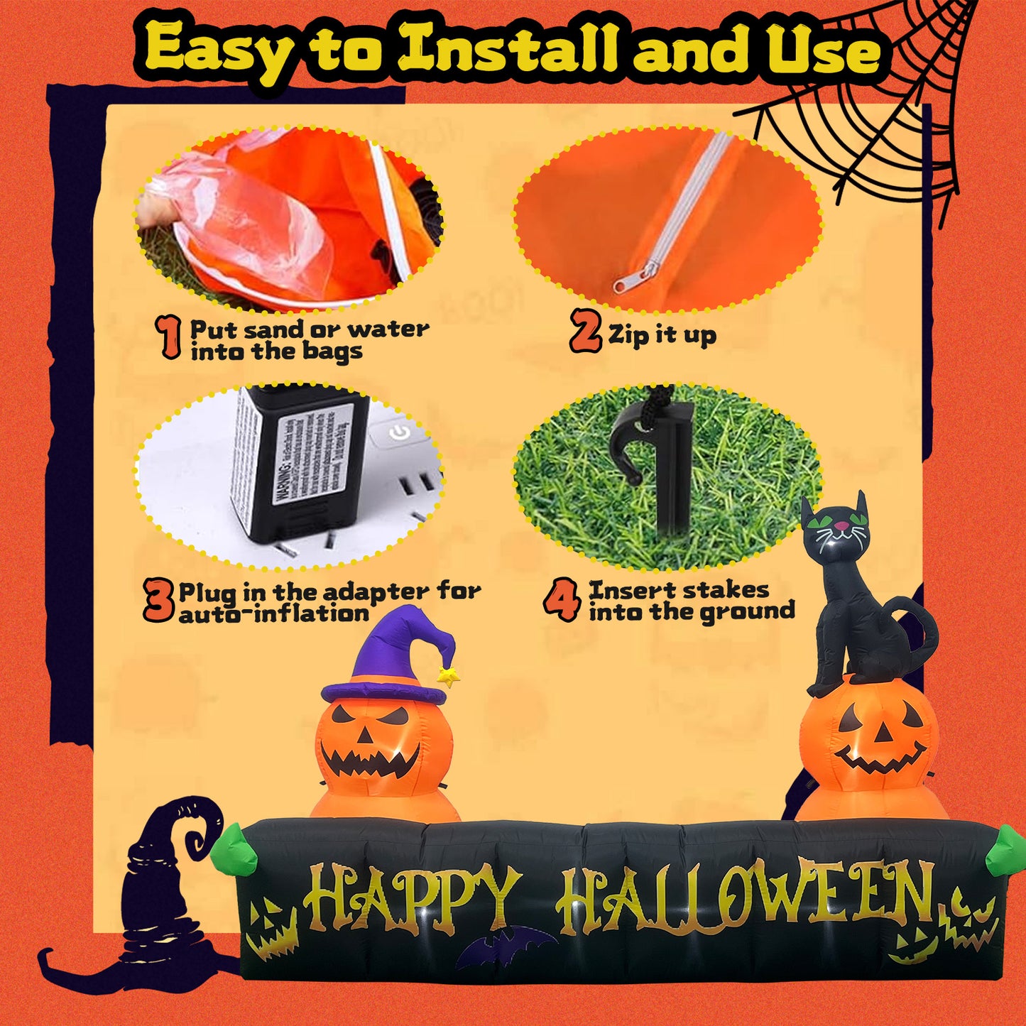 10Ft Long Halloween Inflatable Decorations with LED Lights, Happy Halloween Sign with Pumpkin and Cat for Yard Lawn Yard Home Party Indoor Outdoor