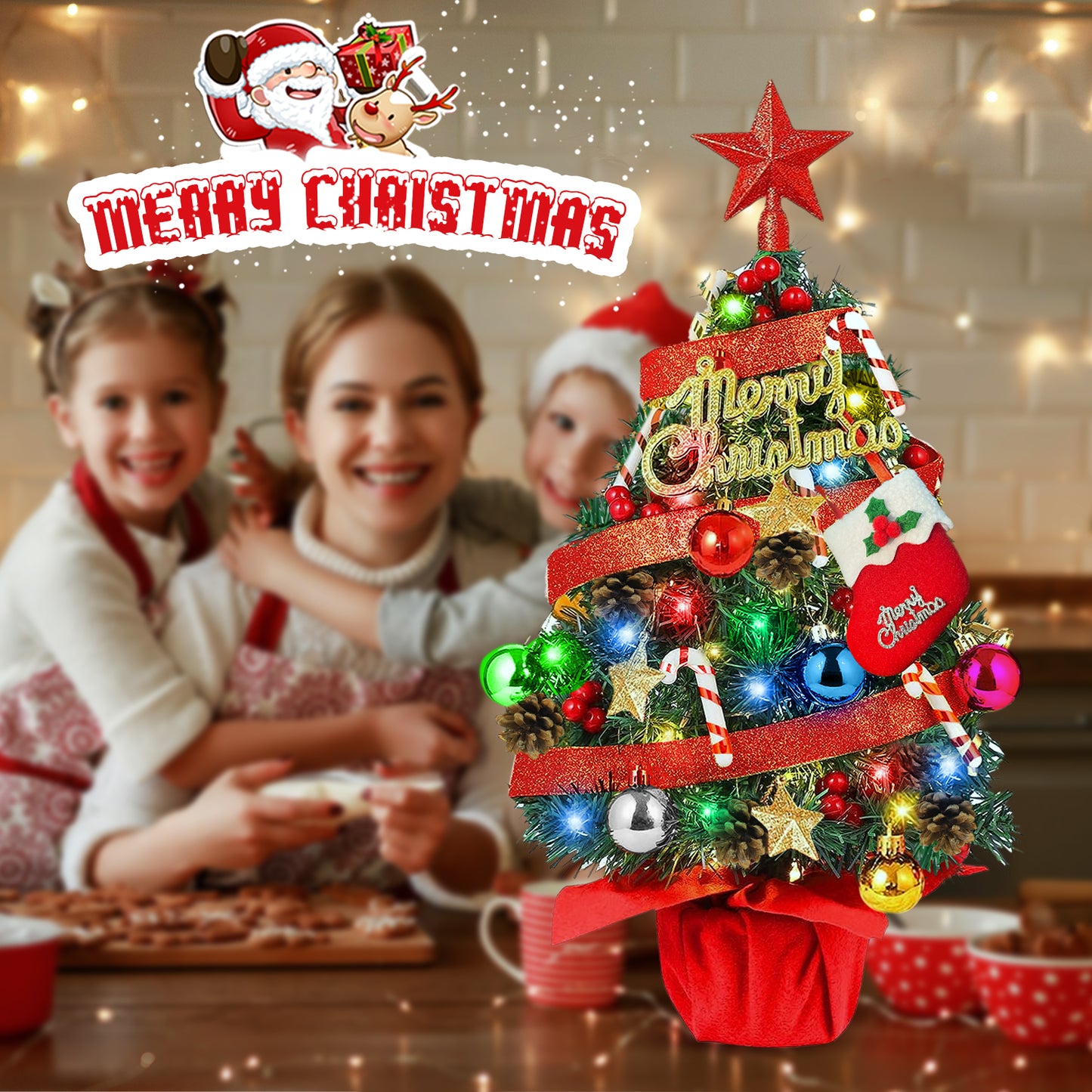 24" Pre-Li Tabletop Mini Christmas Tree Set with LED Light and Star Treetop Ornaments Balls Bells Pine Cones for Indoor Outdoor Xmas Decoration Home Fireplace Front Door, Include Wooden Base