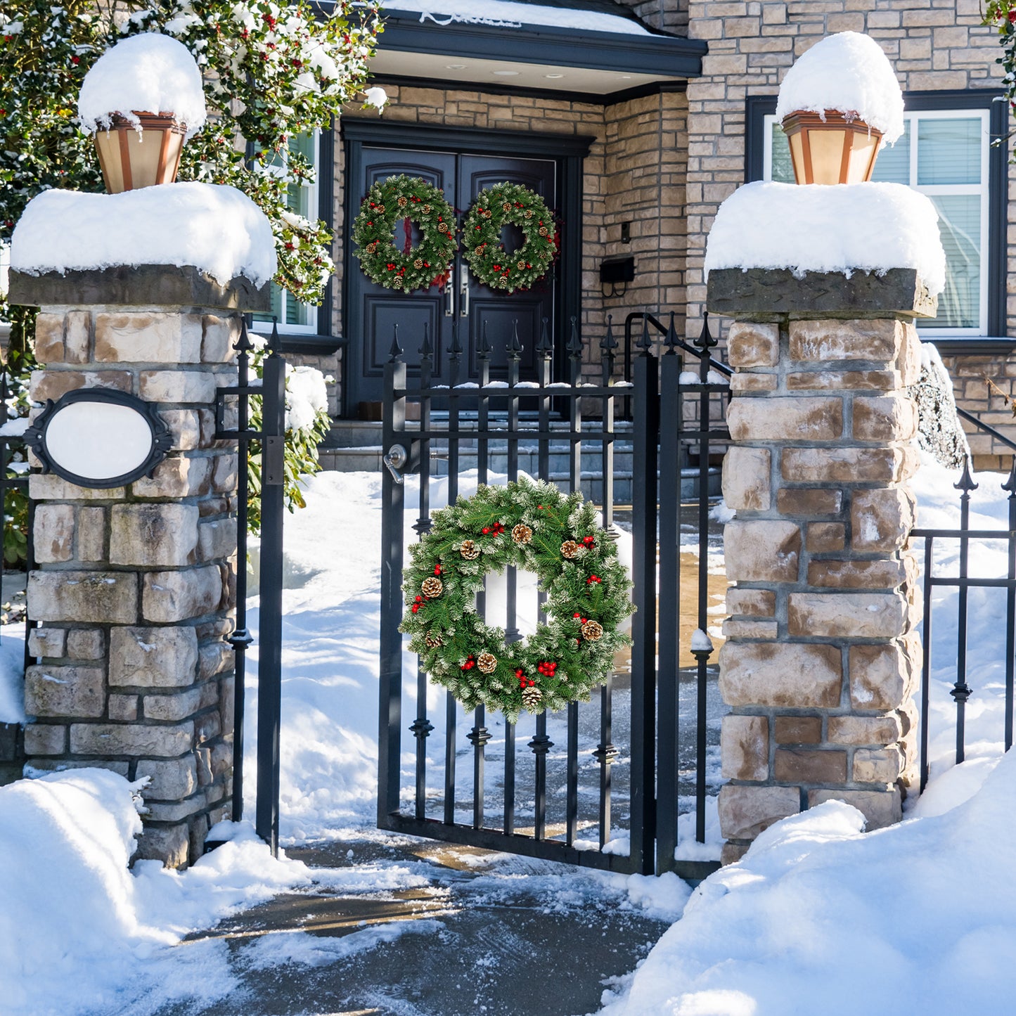 Posrue 24" Pre-Lit Christmas Wreaths, Outdoor Lighted Christmas Wreath for Front Door, Christmas Red Berries, Pine Cones Wreath, Xmas Wreath Decor for Window Fireplace Indoor, Green