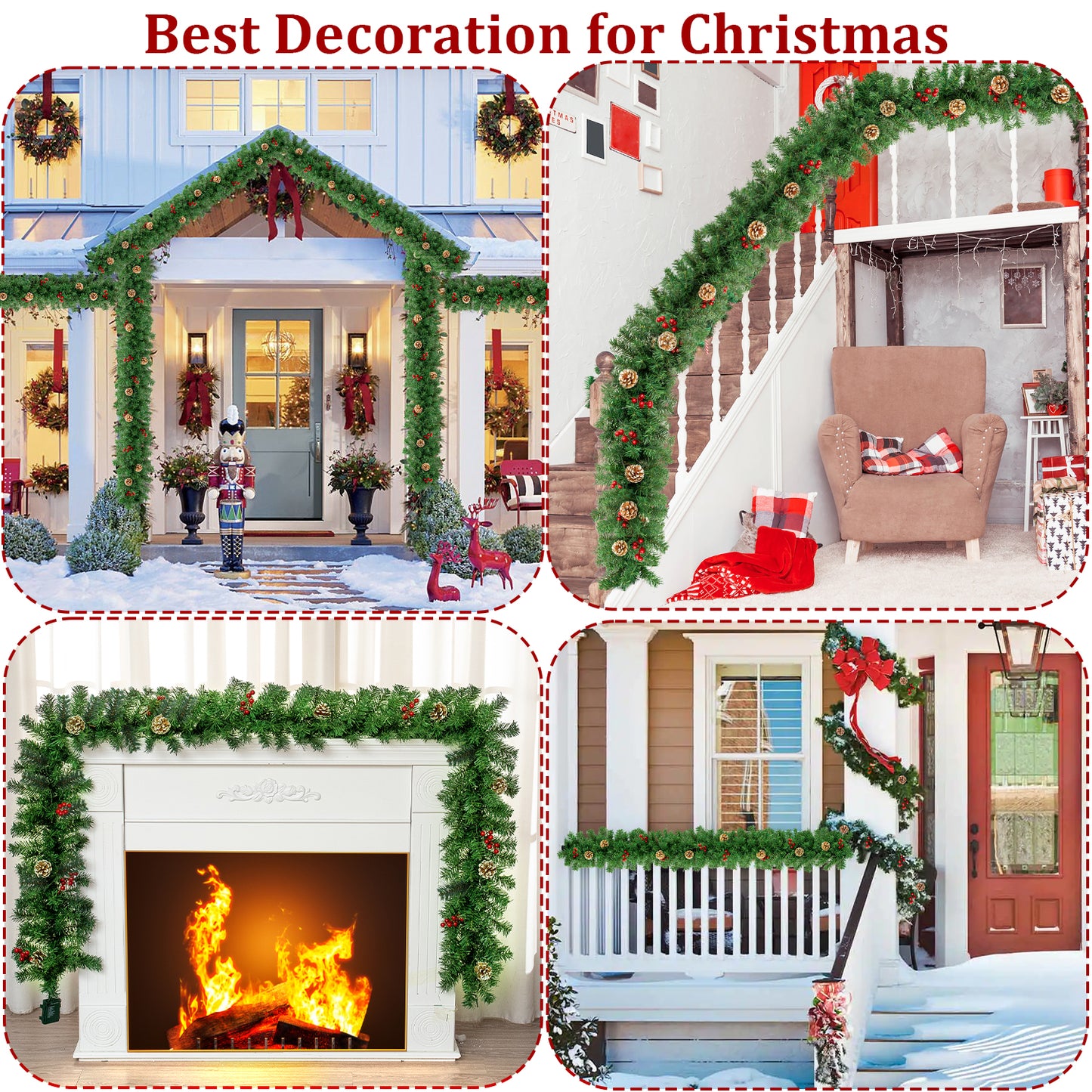 2 Pack Christmas Garland,9 ft Artificial Christmas Garland Outdoor with Pinecones and Red Berries for Xmas Holiday Decorations