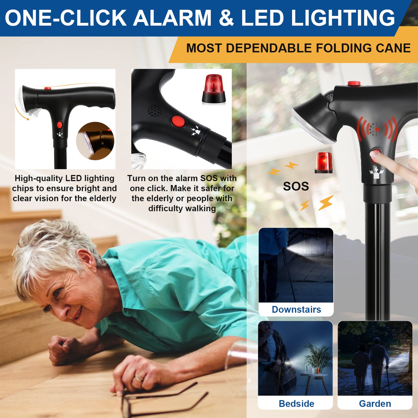 Walking Canes for Men & Women, Folding Canes with LED Flashlight, Fall Alarm, Heavy Duty, Pivot Tip, Foldable Walking Sticks for Seniors & Adults Balance