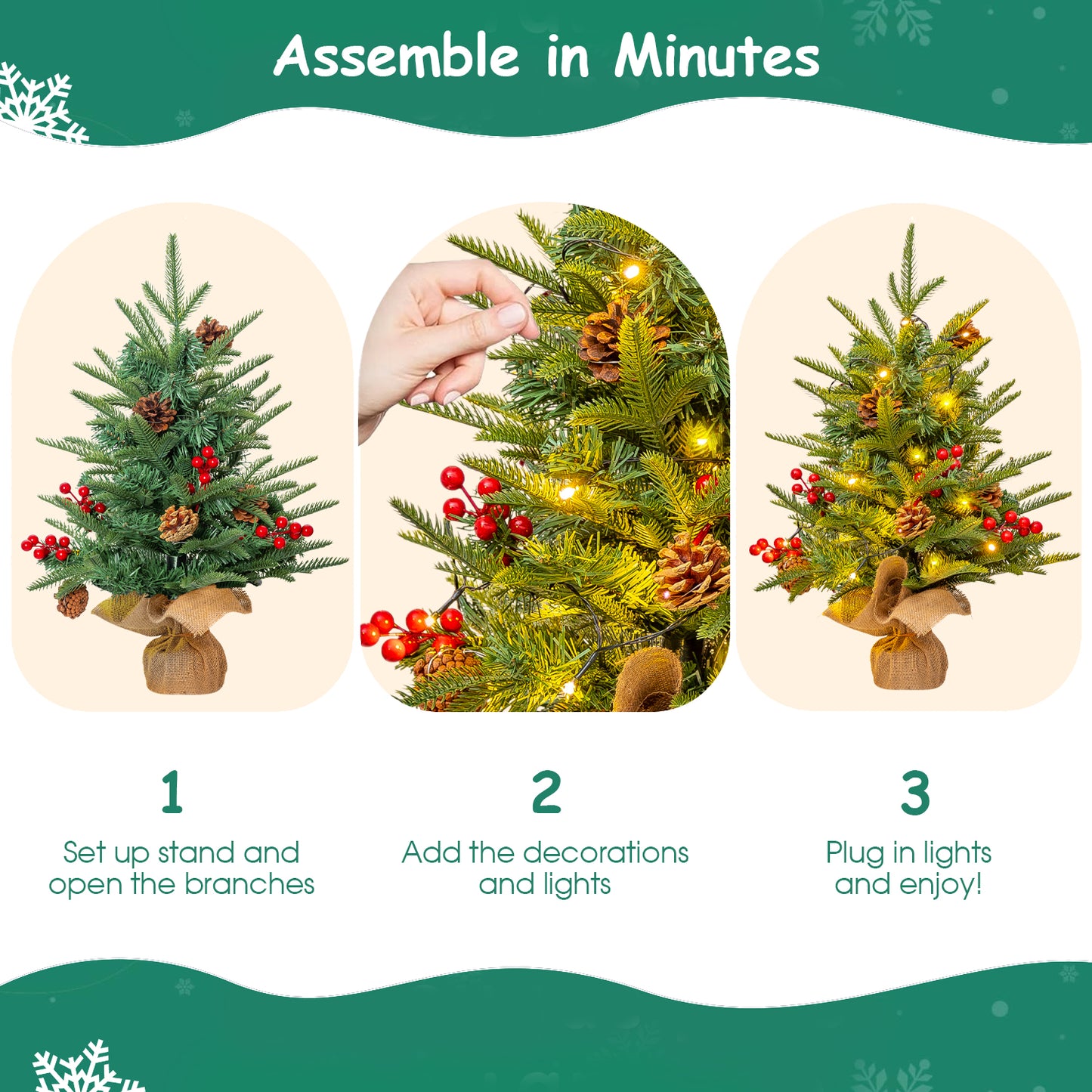 24 inch Tabletop Christmas Tree, Artificial Mini Christmas Tree Desktop Christmas Pine Tree with Hanging Ornaments and Stand for Christmas Holiday Decoration