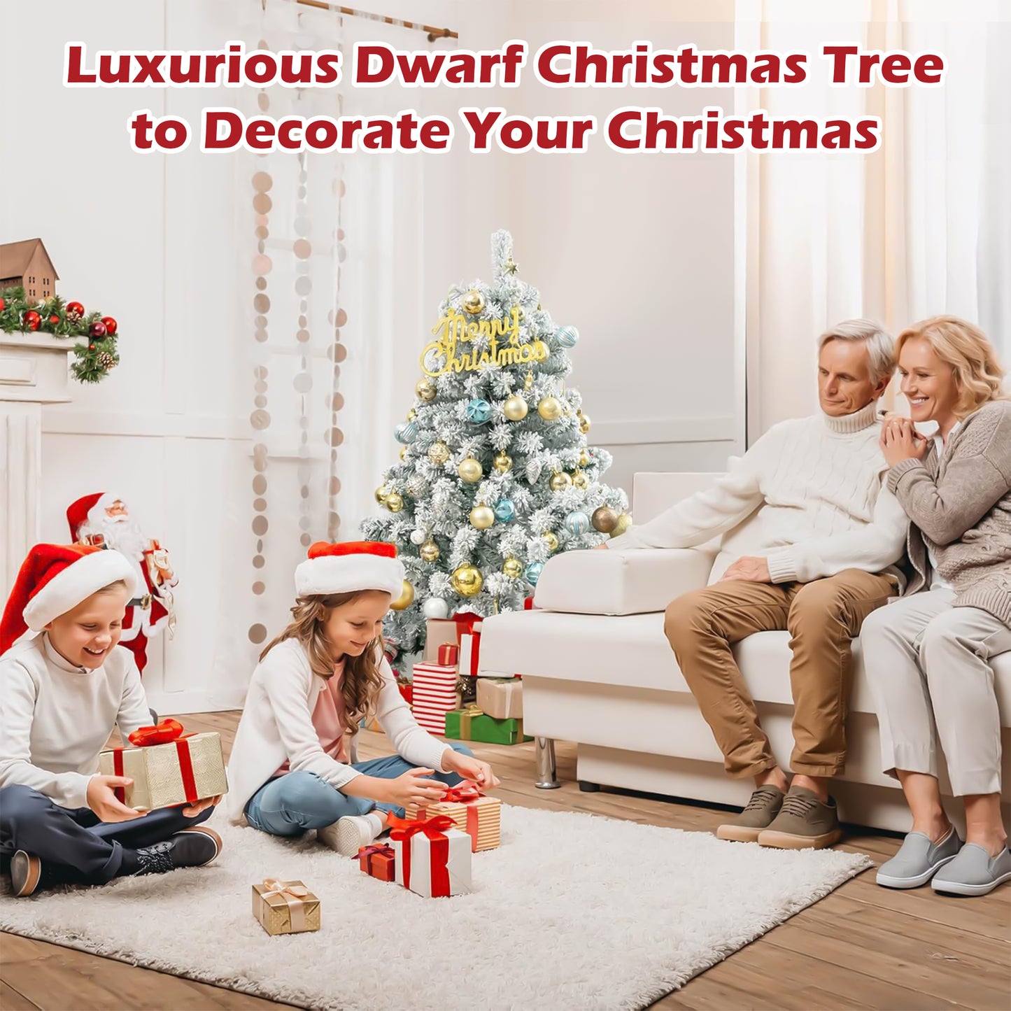3.5 FT Pre-Lit Premium Snow Flocked Christmas Tree w/ 150 Lights 300 Tips, Hinged Artificial Holiday Xmas Christmas Decoration, Metal Base Stand, White