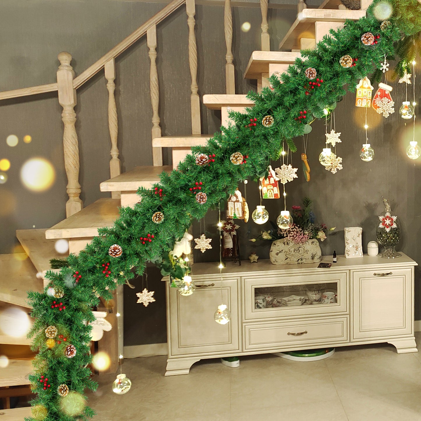 2 Pack Christmas Garland,9 ft Artificial Christmas Garland Outdoor with Pinecones and Red Berries for Xmas Holiday Decorations