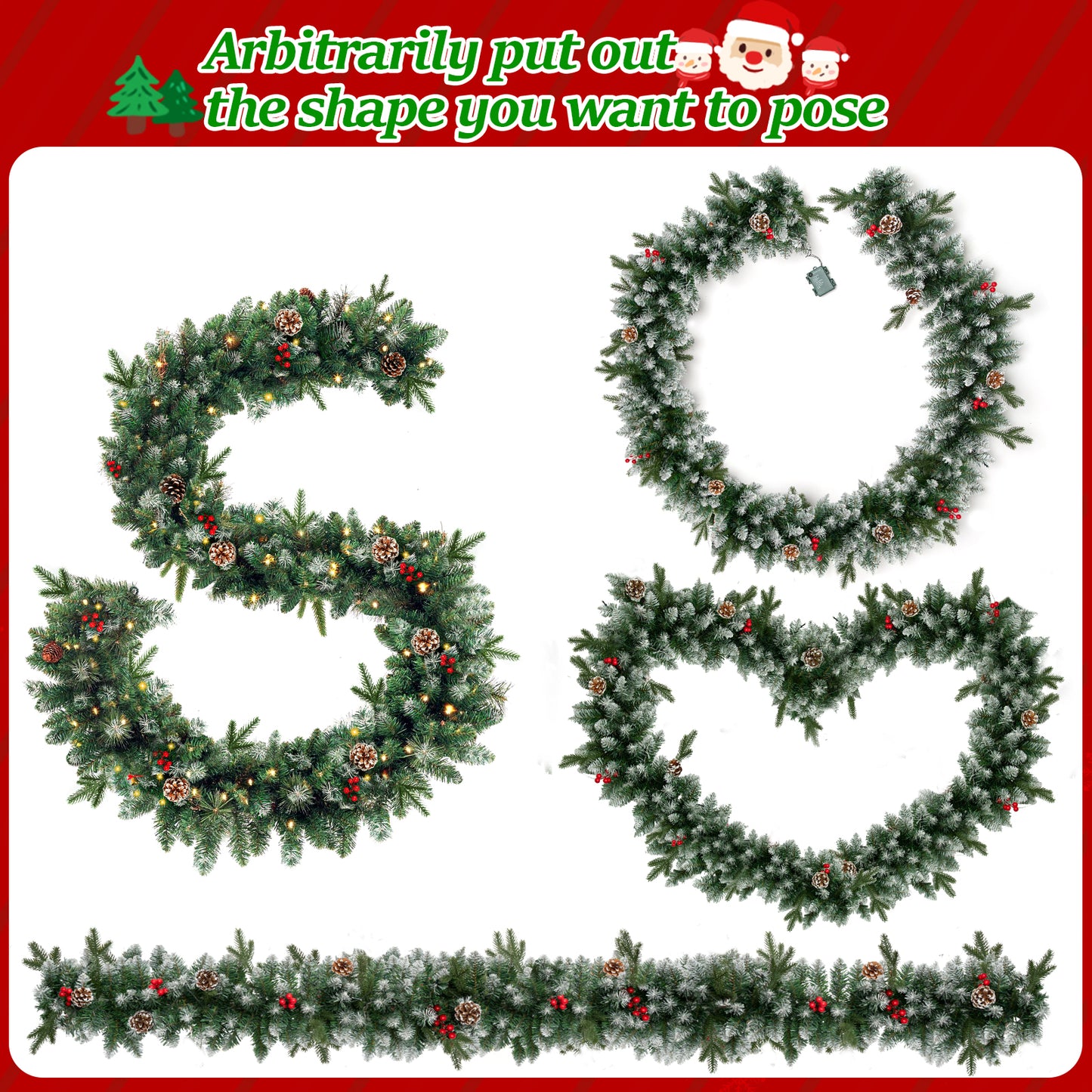 Melliful 9FT Pre-Lit Christmas Garland with Lights, Red Berries Branches Pine Cones Artificial Christmas Decoration for Outdoor Indoor Decor