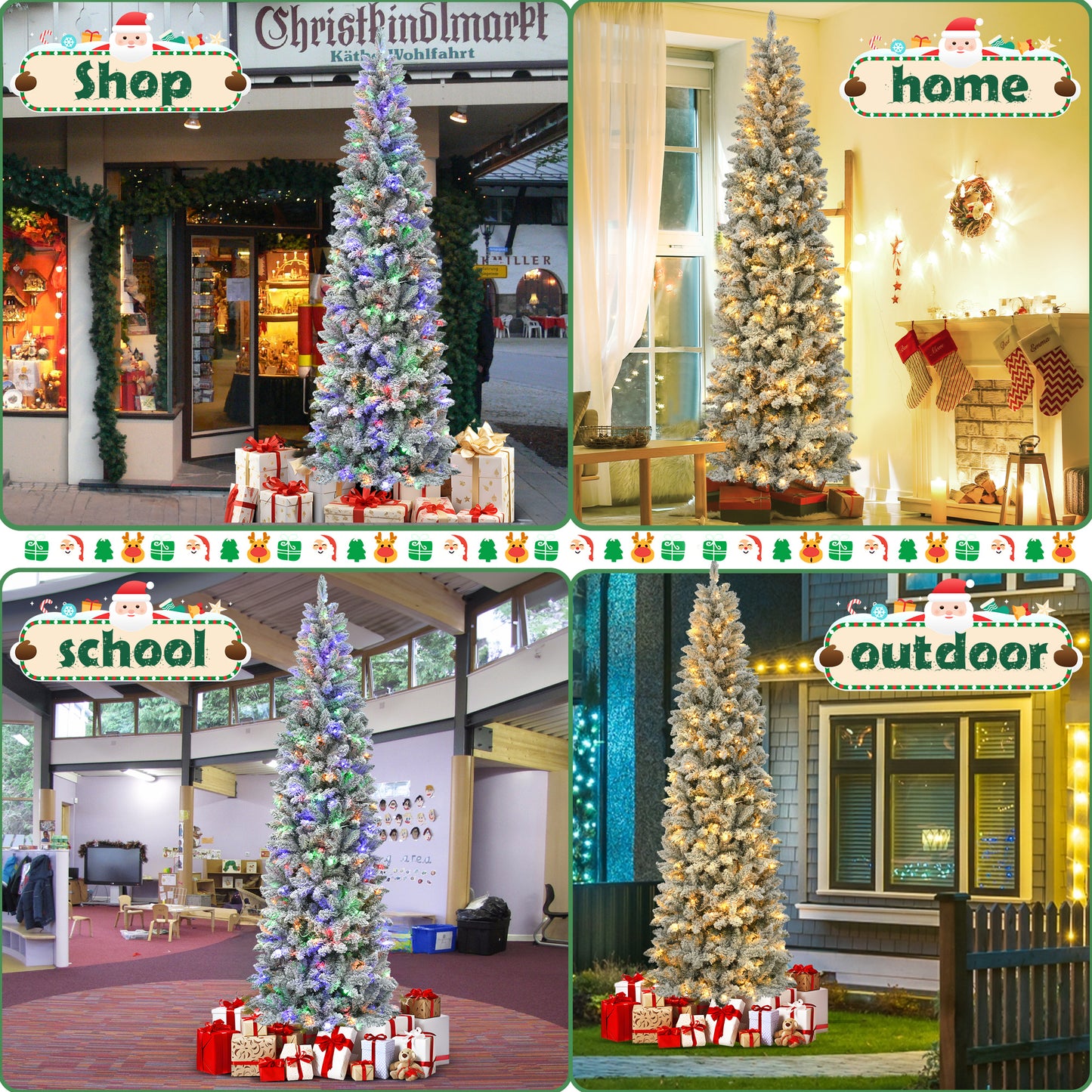 7.5FT Pre-Lit Snow Flocked Pencil Christmas Tree, 250 Lights 1000 Tips Artificial Xmas Tree with 8 Light-Modes, Metal Base Stand for Home Holiday Decoration, White