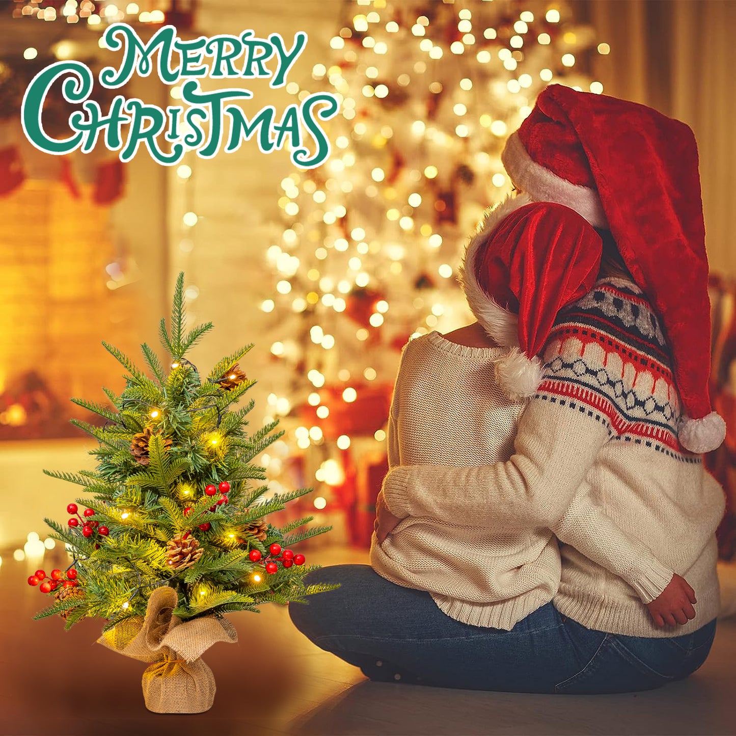 24 inch Tabletop Christmas Tree, Artificial Mini Christmas Tree Desktop Christmas Pine Tree with Hanging Ornaments and Stand for Christmas Holiday Decoration