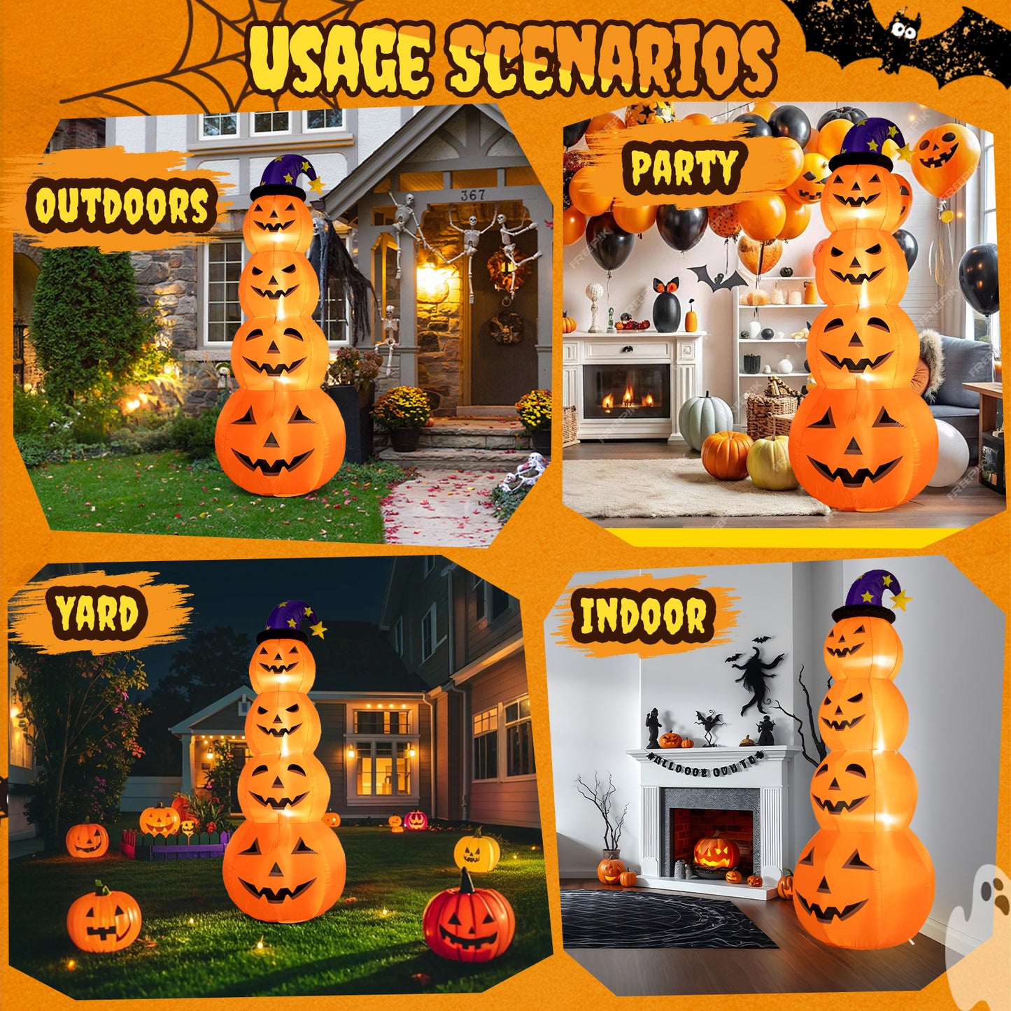 Posrue 8 ft Halloween Inflatable, Stacked Pumpkins with Witch Hat Inflatable with Build-in LED Lights, Blow up for Indoor Outdoor Lawn Yard Garden Home Party Halloween Decor, Orange