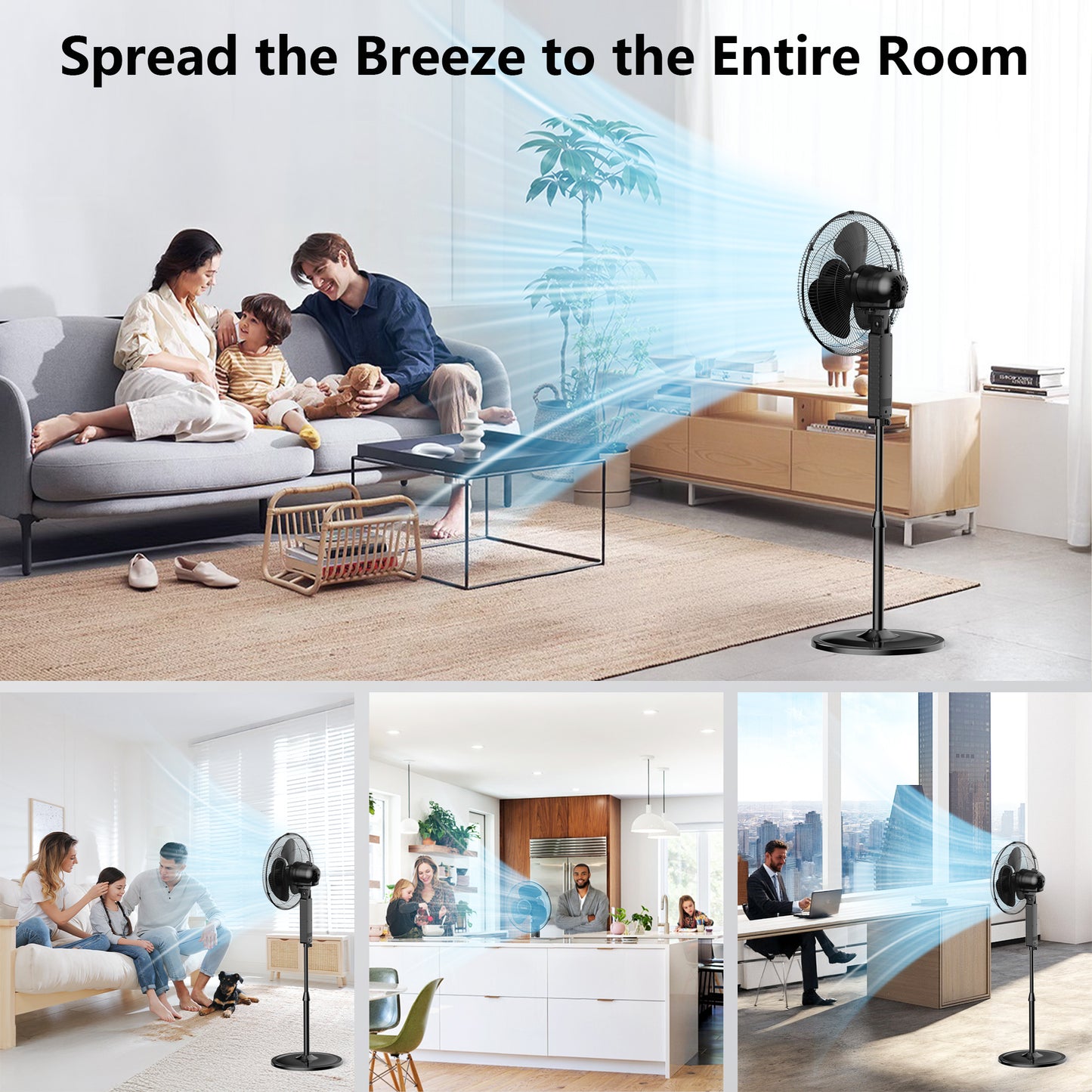 16'' Pedestal Oscillating Fan with Remote Control, Stand Up Fan Adjustable Height, 3-Speed, Electric Cooling Fans for Bedroom Home Office Use