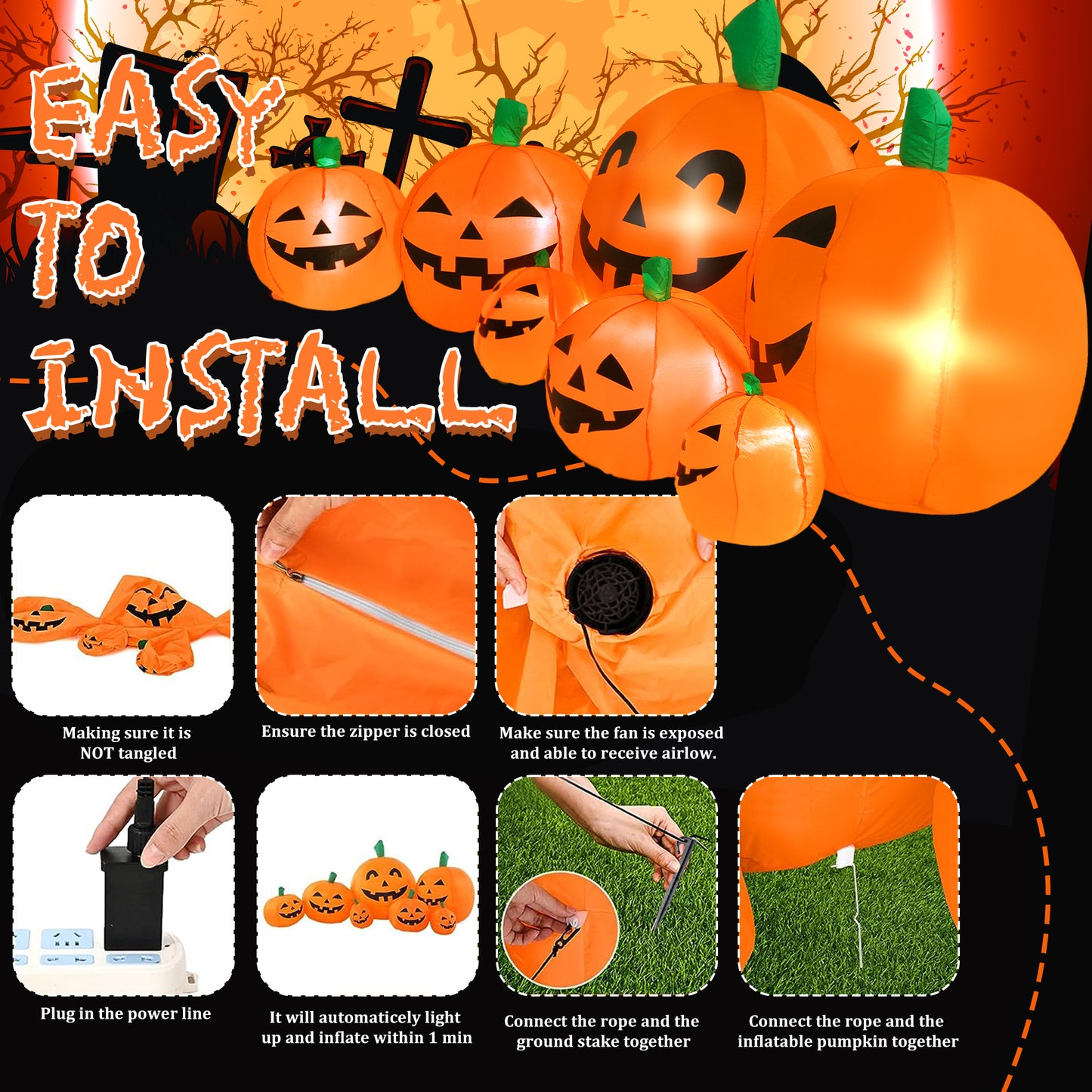 8 FT Long Halloween Inflatables Pumpkin Decorations with Build-in LED Lights, Halloween Pumpkin Stack Blow Up for Indoor Outdoor Lawn Garden Home Yard Party
