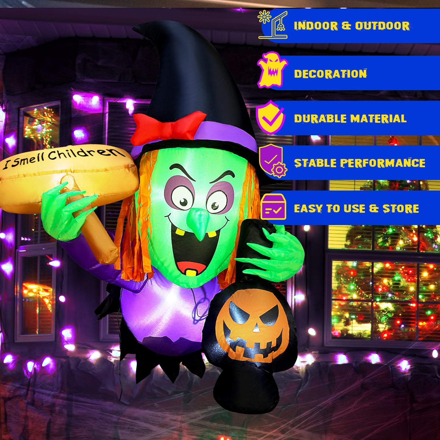 Posrue 4ft Halloween Inflatable Scary Witch Rush Out of Window ,with Built-in LED Lights, Inflatable for Halloween Party Indoor, Outdoor, Patio, Garden, Lawn Decoration