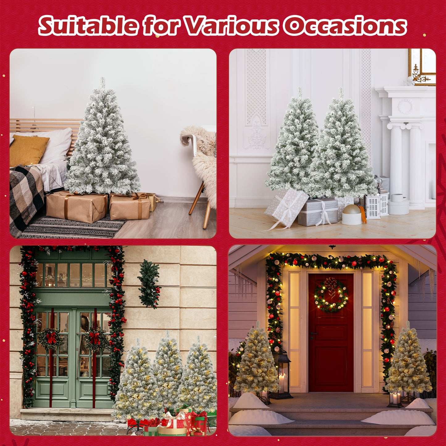 3.5 FT Pre-Lit Premium Snow Flocked Christmas Tree w/ 150 Lights 300 Tips, Hinged Artificial Holiday Xmas Christmas Decoration, Metal Base Stand, White