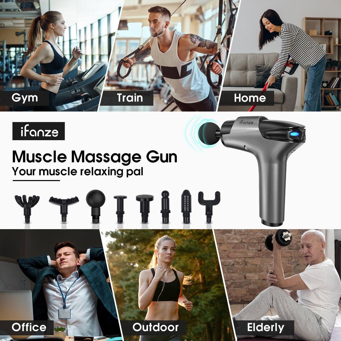 Massage Gun Deep Tissue, 5 Speeds Quiet Percussion Handheld Electric Muscle Massager with 8 Replacement Heads for Gym Office Home Post-Workout Recovery, Gray