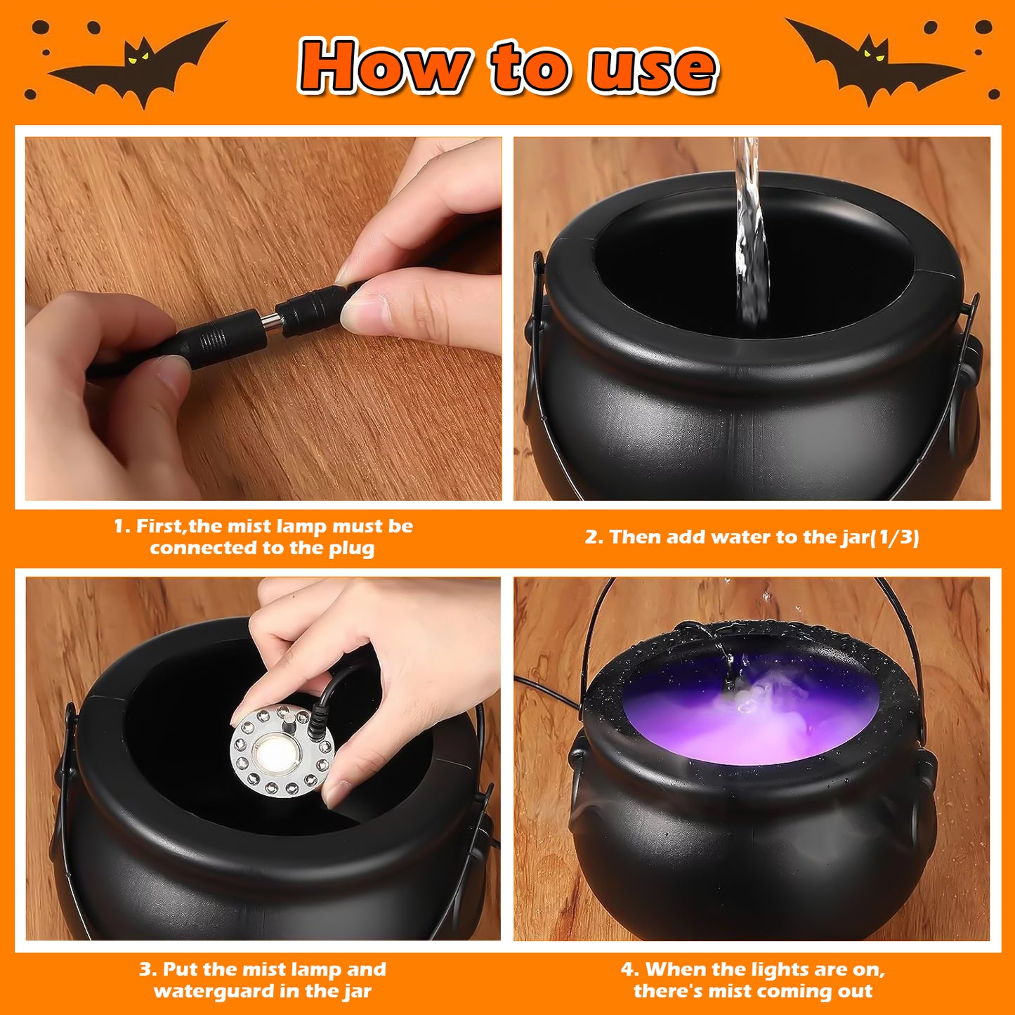 Halloween Mist Maker Fogger with Witch Cauldron, Fog Machine Atomizer with 12 LED Color Changing Lights Perfect for Water Feature, Halloween, Christmas and Other Holiday Decorations