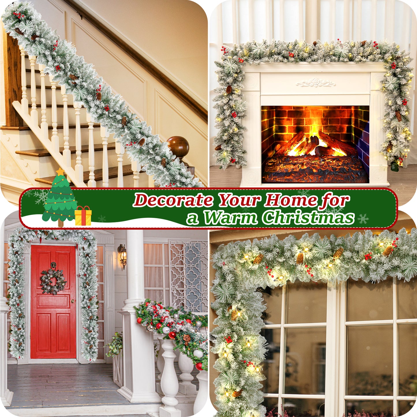 9FT Pre-Lit Christmas Garland with LED Lights, Snow Flocked Xmas Garland for Outdoor Indoor Xmas Decoration Home Fireplace Front Stairs Railing Decor, Battery Operated
