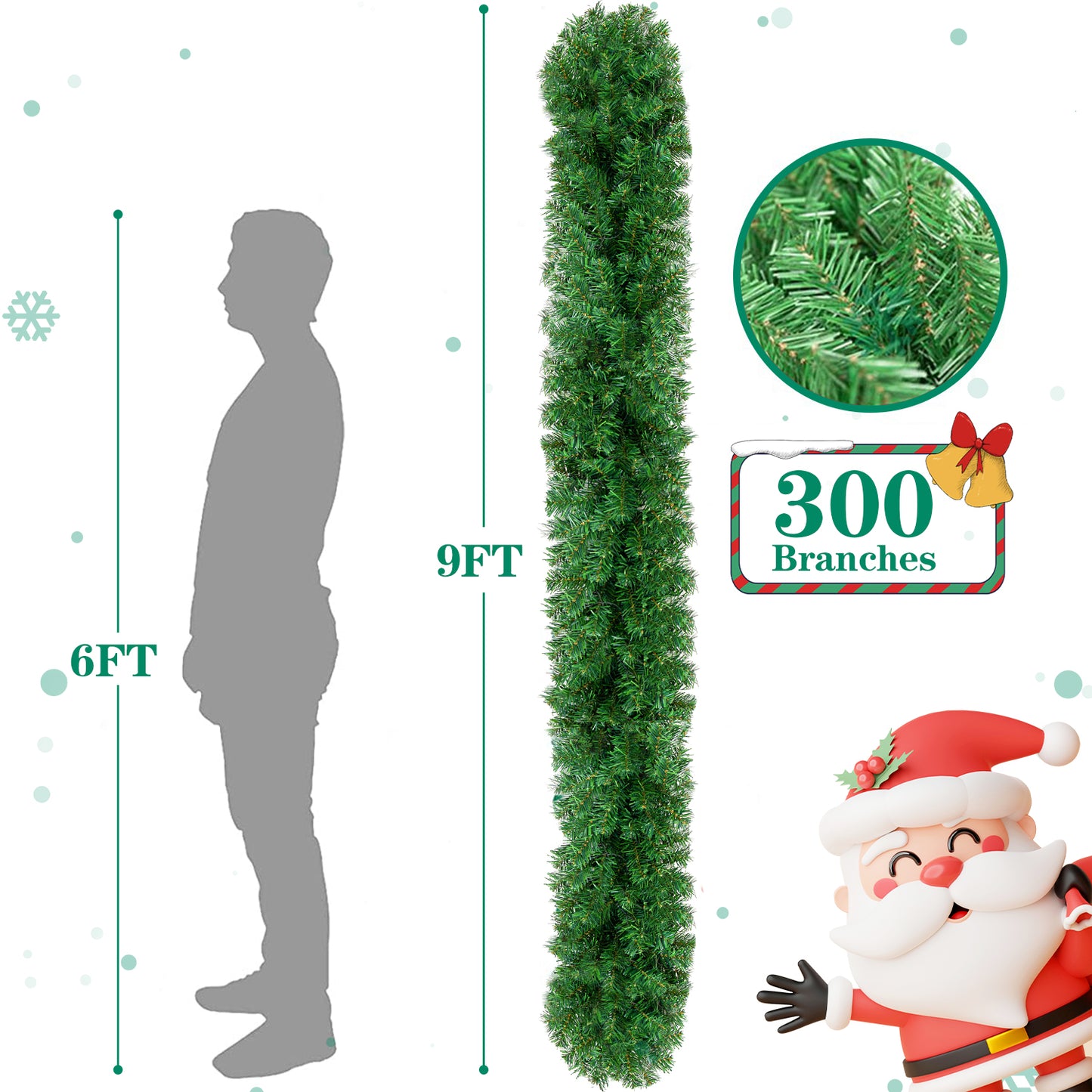 2Pack 9ft Christmas Garland, Xmas Decorations DIY Non-Lit Pine Artificial Garland with 300 Tips for Outdoor Indoor Door Stairs Fireplace Mantel Front Porch ,Green