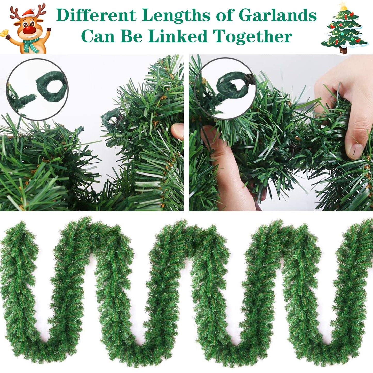 2Pack 9ft Christmas Garland, Xmas Decorations DIY Non-Lit Pine Artificial Garland with 300 Tips for Outdoor Indoor Door Stairs Fireplace Mantel Front Porch ,Green