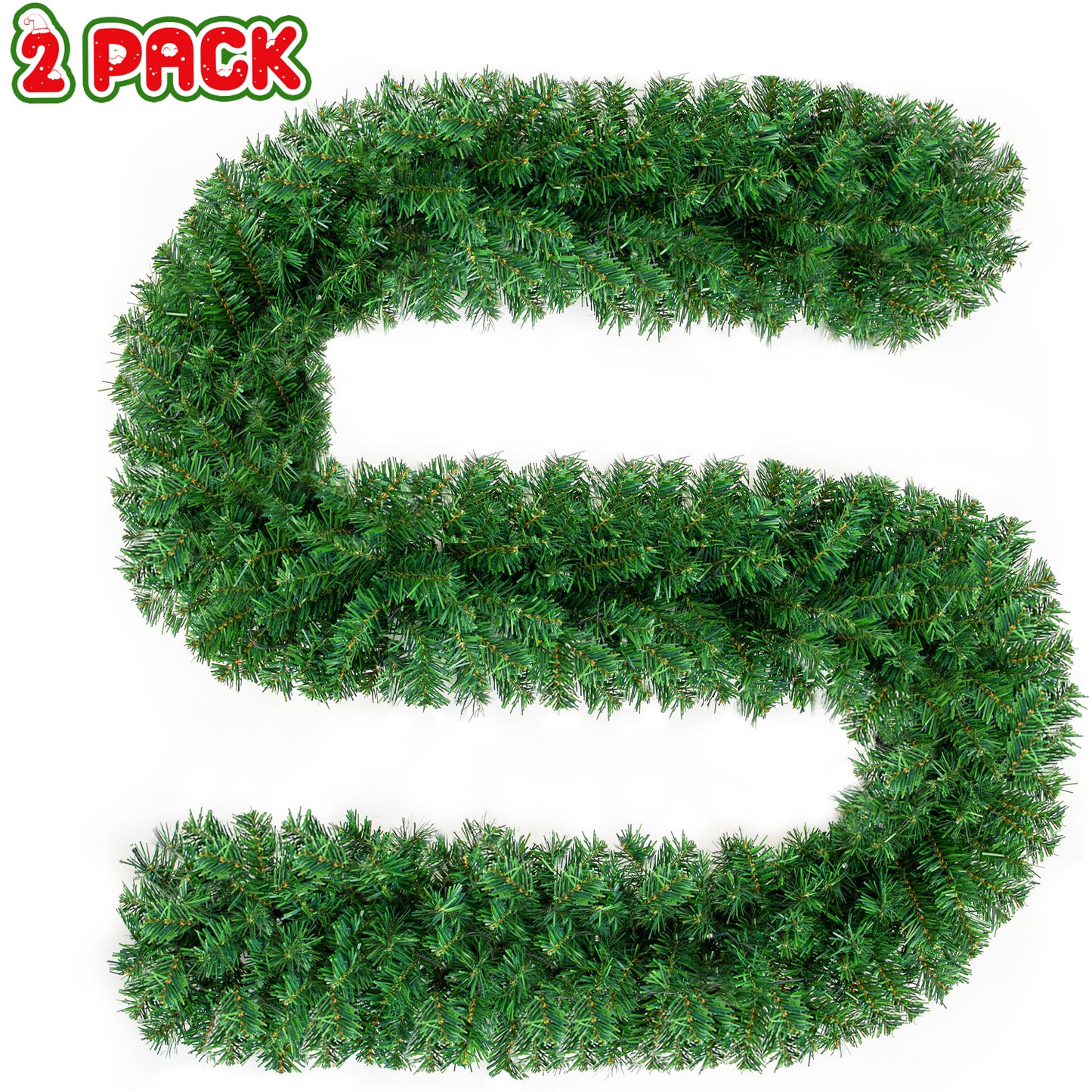 2Pack 9ft Christmas Garland, Xmas Decorations DIY Non-Lit Pine Artificial Garland with 300 Tips for Outdoor Indoor Door Stairs Fireplace Mantel Front Porch ,Green