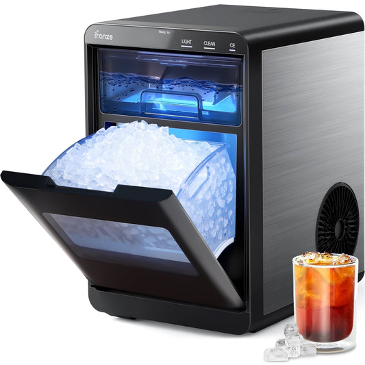 Qunler Nugget Ice Maker Countertop, 44lbs Per Day Chewable Pebble Nugget Ice Machine with Touch Screen for Home, Kitchen, Office, Stainless Steel, Black