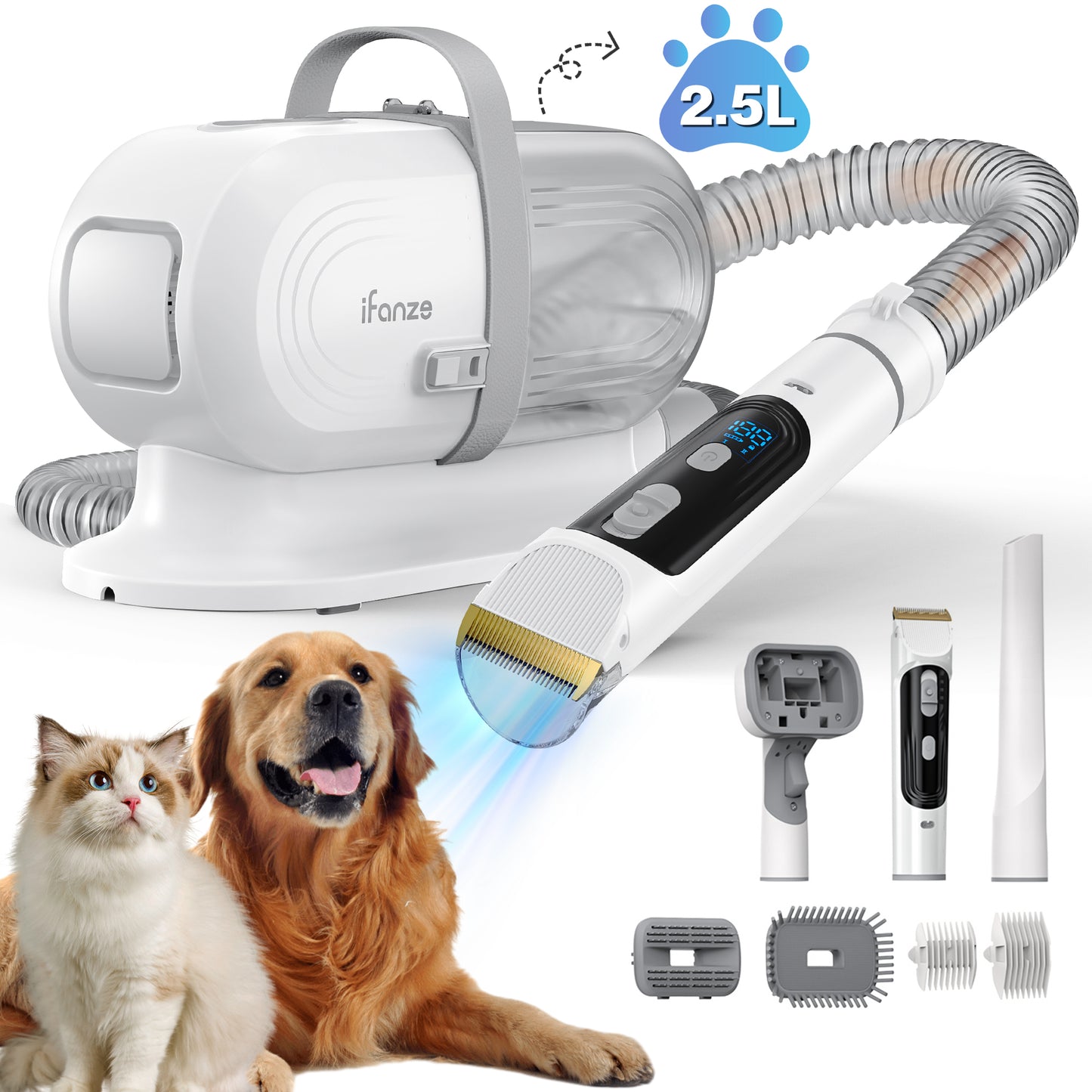 14KPa Dog Grooming Kit & Vacuum, 2.5L Pet Hair Vacuum Suction 99% Pet Hair,3 Modes Suction Dog Grooming Clipper Kit,5 Pet Groomer Tools,Low Noise Pet Shedding Vacuum for Dogs Cats,White