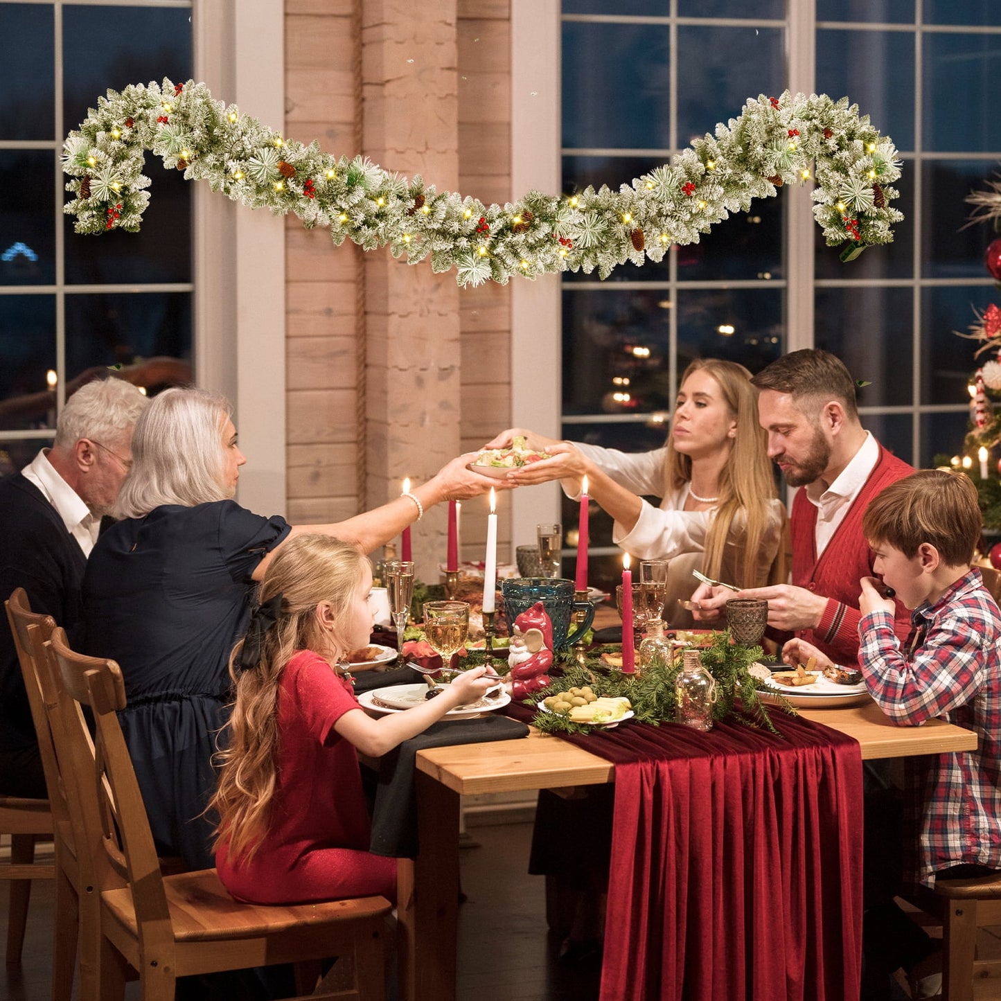 2 Pack 9ft Pre-Lit Snow Flocked Christmas Garland with LED Lights w/ 8 Modes & Timer for Outdoor Indoor Xmas Decoration Fireplace Stairs Railings Decor, Battery Operated