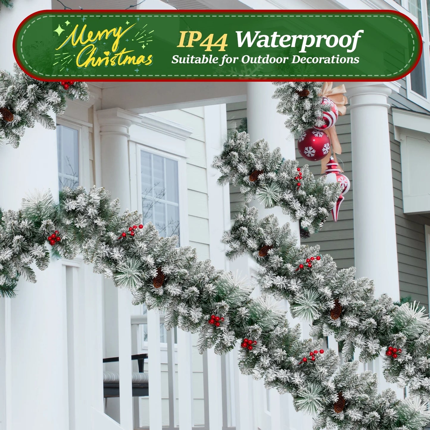 2 Pack 9ft Pre-Lit Snow Flocked Christmas Garland with LED Lights w/ 8 Modes & Timer for Outdoor Indoor Xmas Decoration Fireplace Stairs Railings Decor, Battery Operated