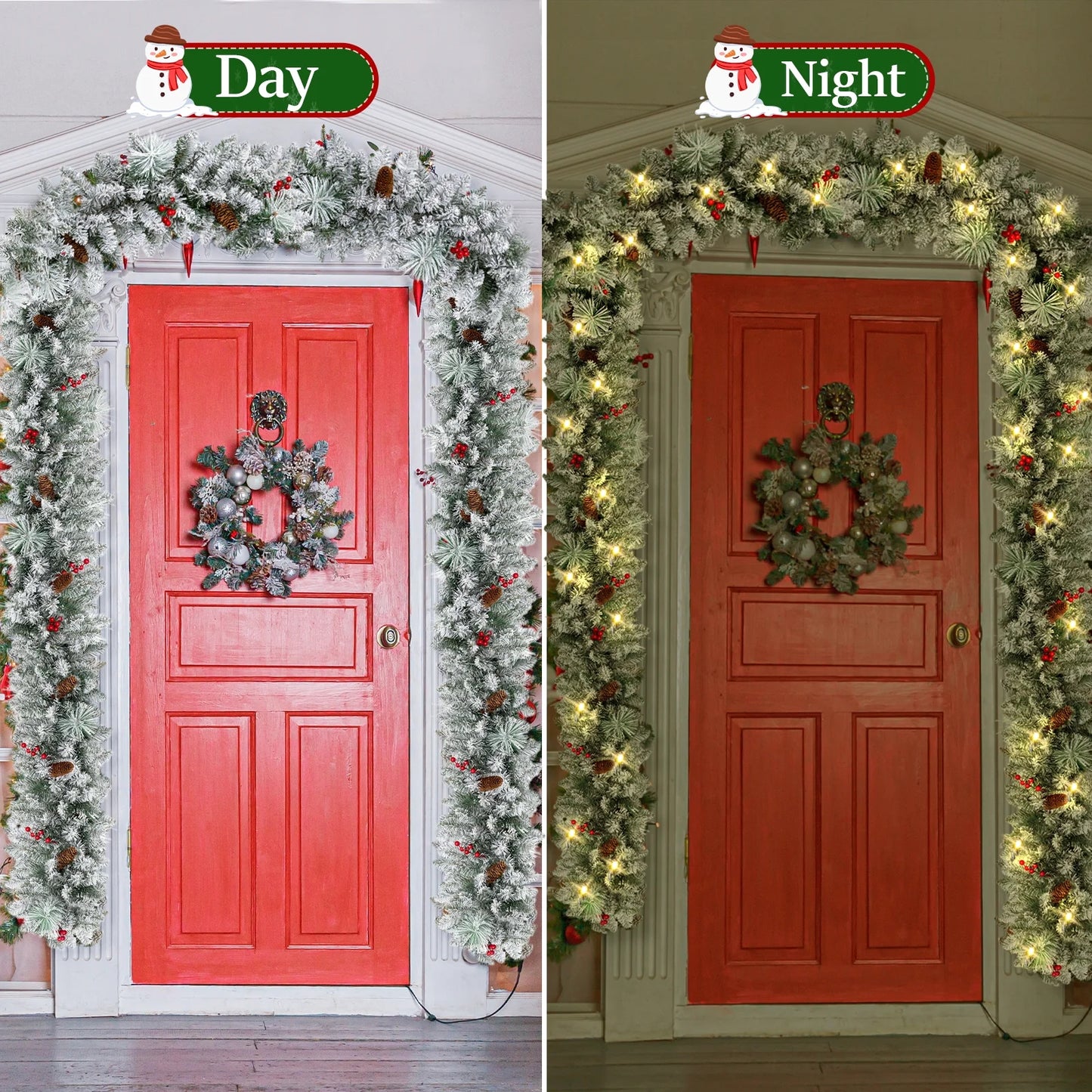 2 Pack 9ft Pre-Lit Snow Flocked Christmas Garland with LED Lights w/ 8 Modes & Timer for Outdoor Indoor Xmas Decoration Fireplace Stairs Railings Decor, Battery Operated