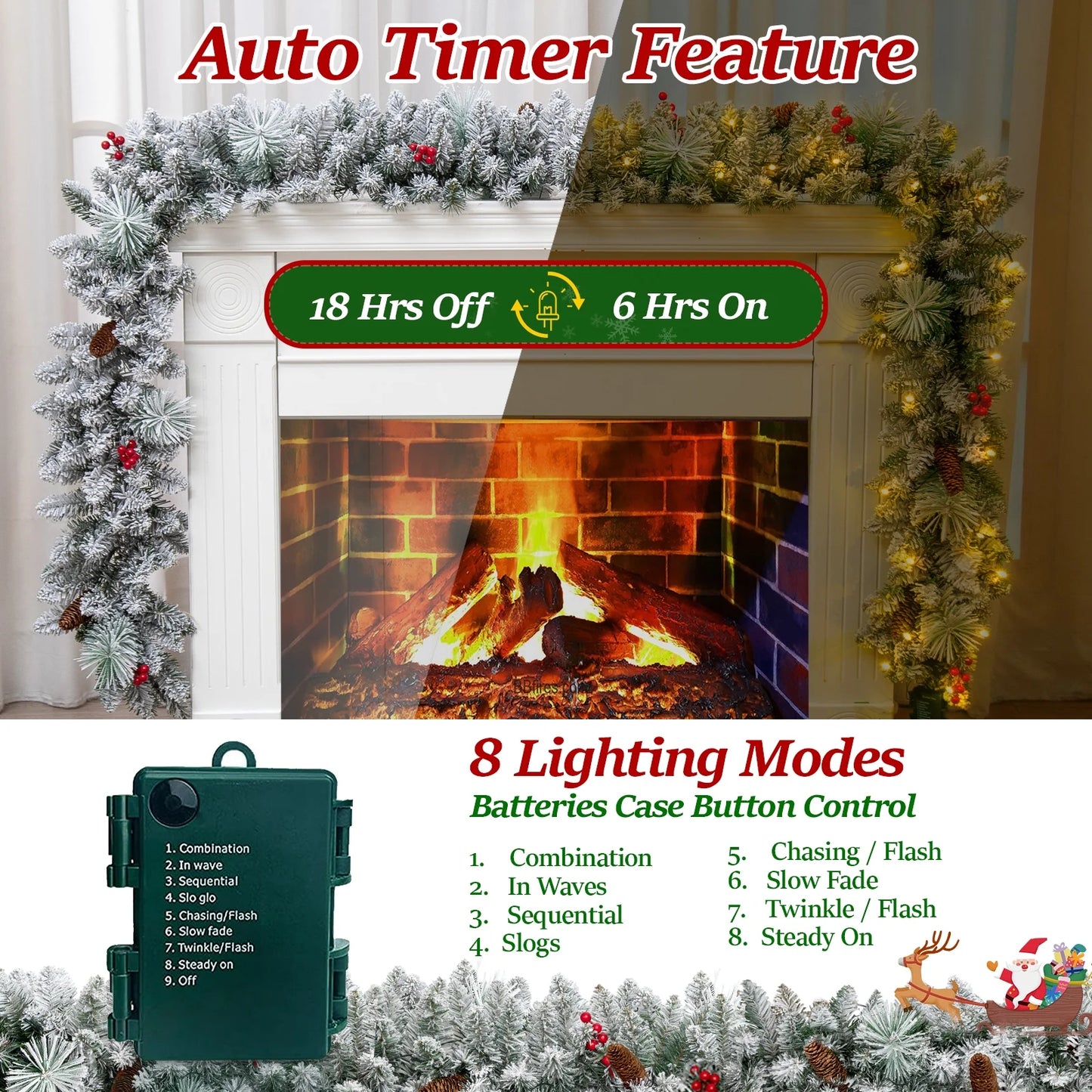 2 Pack 9ft Pre-Lit Snow Flocked Christmas Garland with LED Lights w/ 8 Modes & Timer for Outdoor Indoor Xmas Decoration Fireplace Stairs Railings Decor, Battery Operated