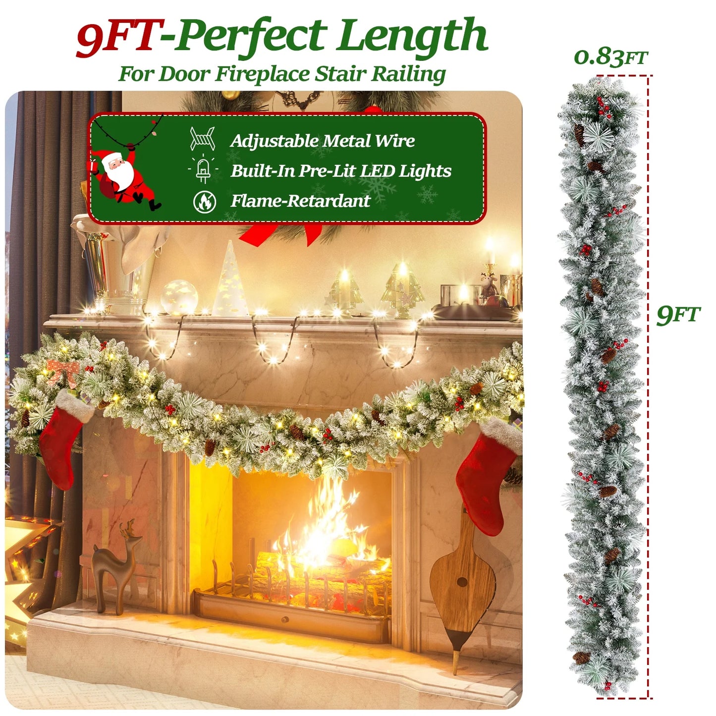 2 Pack 9ft Pre-Lit Snow Flocked Christmas Garland with LED Lights w/ 8 Modes & Timer for Outdoor Indoor Xmas Decoration Fireplace Stairs Railings Decor, Battery Operated