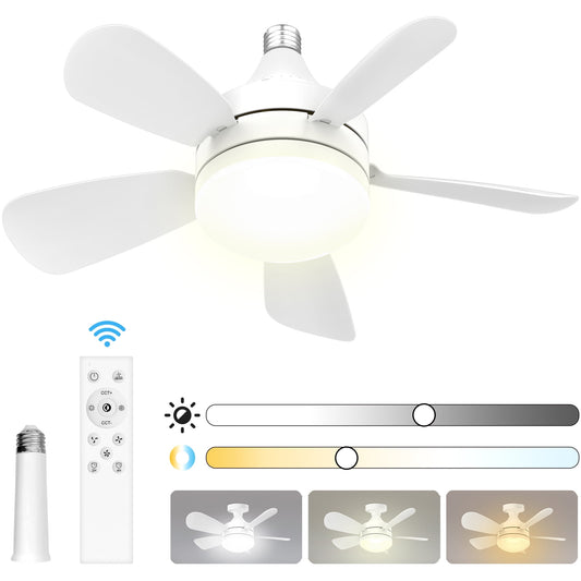 Socket Fan Light 18", posrue LED Ceiling Fans with Lights and Remote, 2000 Lumens, 3000K-6500K Dimmable, 5 Blades, White