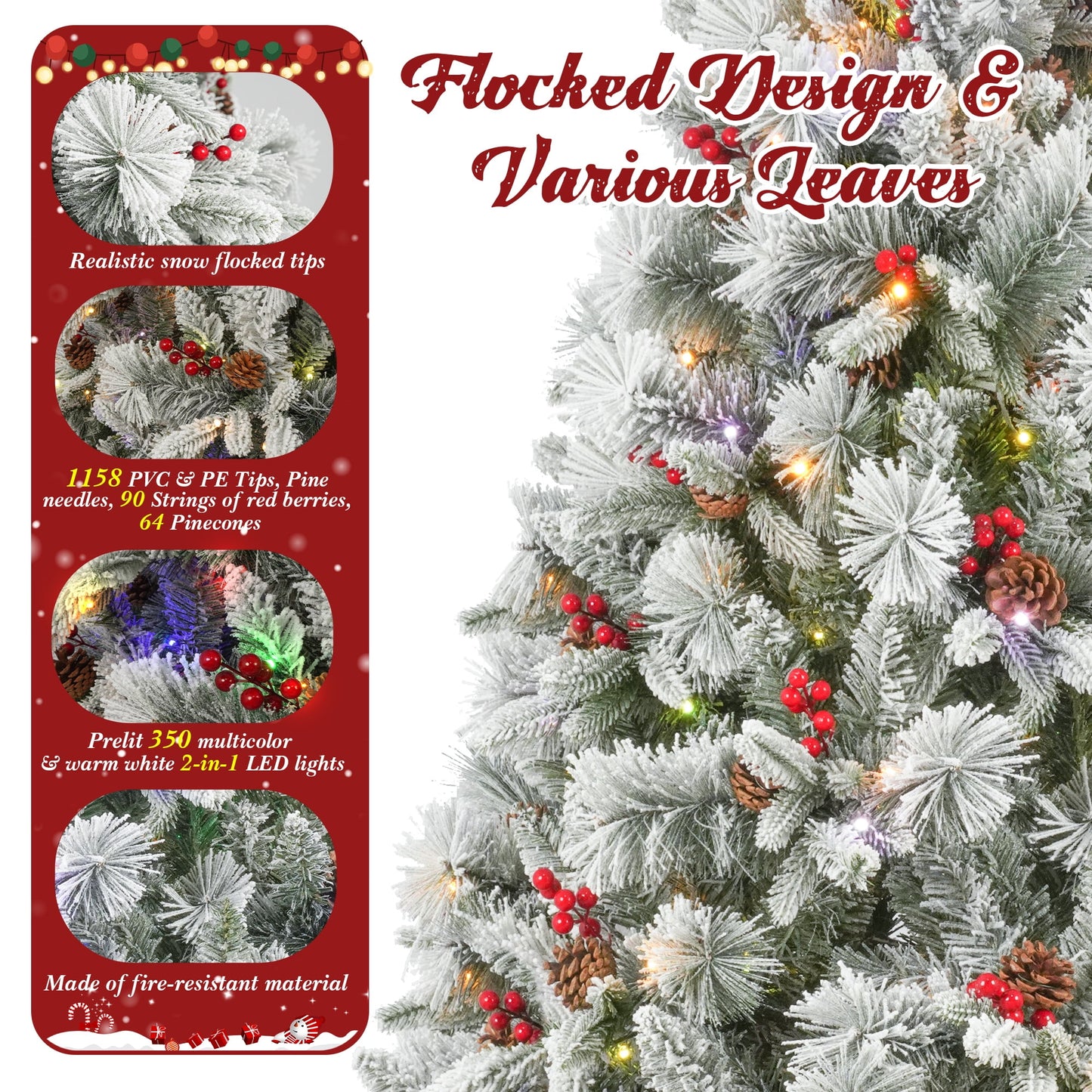 Posrue Pre-Lit Snow Flocked Christmas Tree, 7.5ft Hinged Christmas Tree with 1158 Snowy Tips & 350 Warm White/Multicolored 8 Modes LED Lights, Artificial Pine Tree for Xmas Holiday Decor