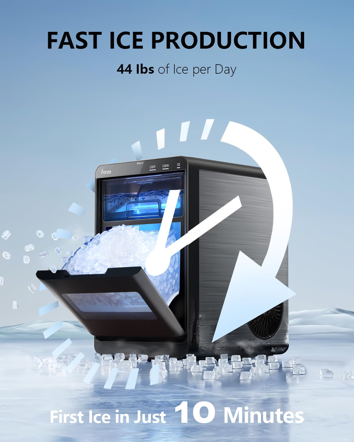 Qunler Nugget Ice Maker Countertop, 44lbs Per Day Chewable Pebble Nugget Ice Machine with Touch Screen for Home, Kitchen, Office, Stainless Steel, Black