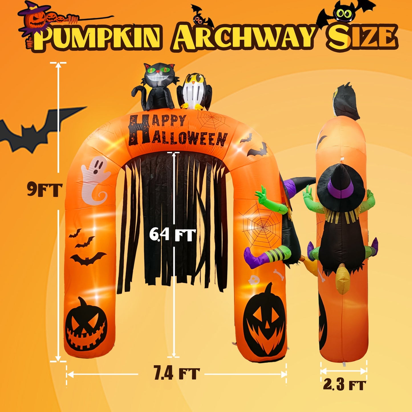 9FT Halloween Inflatable Pumpkin Archway Decorations, Large Halloween Arch Pumpkin Blow up Decor, Built-in LED Lights for Indoor Outdoor Holiday Home Party Garden Yard Lawn