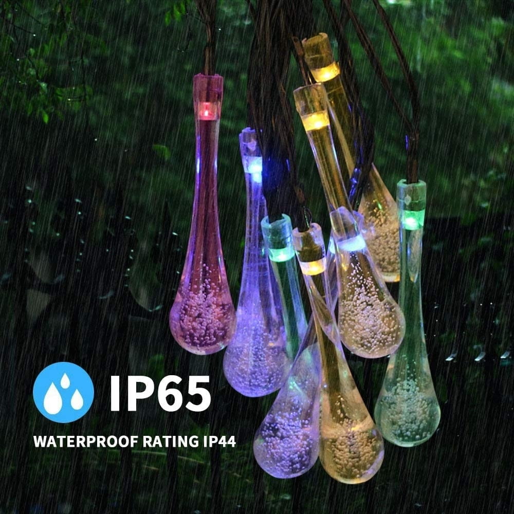 Solar String Lights Outdoor, Waterproof Solar Fairy Light 21.3ft 30 LED 8 Modes Multi Color Water Drop Lighting for Garden Patio Indoor Party Bedroom Xmas Yard Porch Decoration