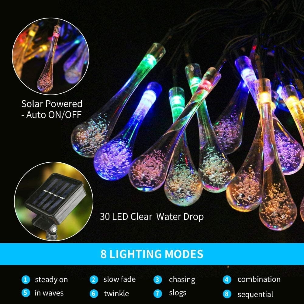 Solar String Lights Outdoor, Waterproof Solar Fairy Light 21.3ft 30 LED 8 Modes Multi Color Water Drop Lighting for Garden Patio Indoor Party Bedroom Xmas Yard Porch Decoration