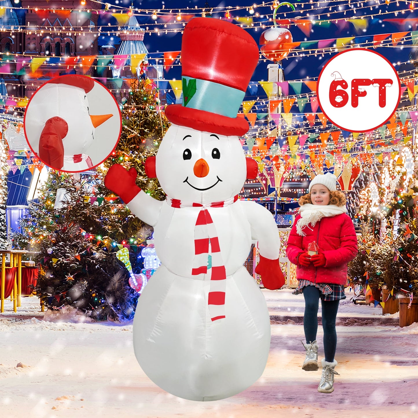 Posrue 6FT Snowman Christmas Inflatables Outdoor Decoration, Blow up Yard Decoration with LED Lights Built-in, Holiday Decor for Xmas Party Indoor Outside Garden Lawn Porch Decorations