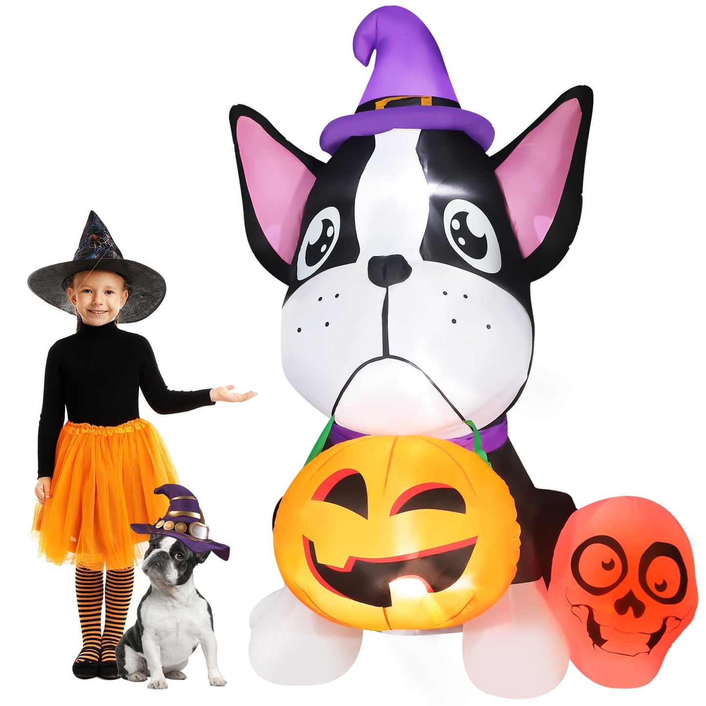6ft Halloween Inflatables Outdoor Decorations, Bulldog with Pumpkin and Ghost Skull Halloween Blow up Yard Decorations