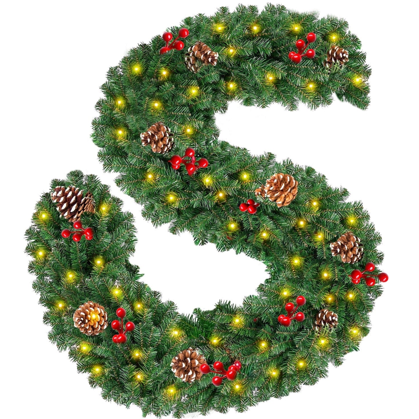 9FT Pre-lit Christmas Garland for Outdoor Indoor, Artificial Christmas Garlands with 50 LED Light Battery Operated Red Berries White Pine Cones Garland for Holiday Xmas Decoration