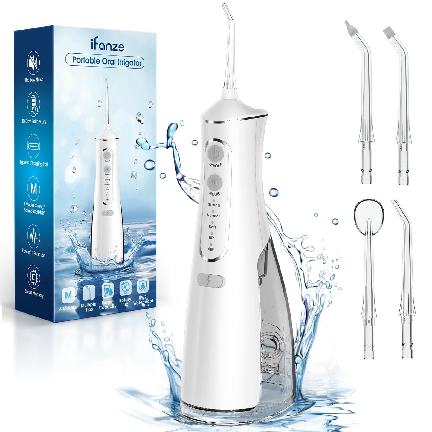Cordless Water Flosser, Rechargeable Oral Irrigator with 300ml Water Tank, 4 Cleaning Modes & 4 Tips, Portable Dental Water Flosser for Travel Home Office, White