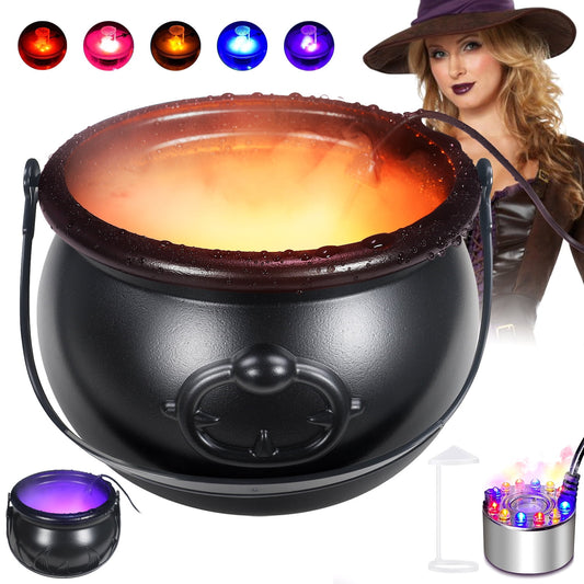 Halloween Witch Pot Fogger Machine, Halloween Party Mist Maker with 12 Color-Changing LED Lights, Ideal for Halloween Decoration, 2 Pots Included, Black