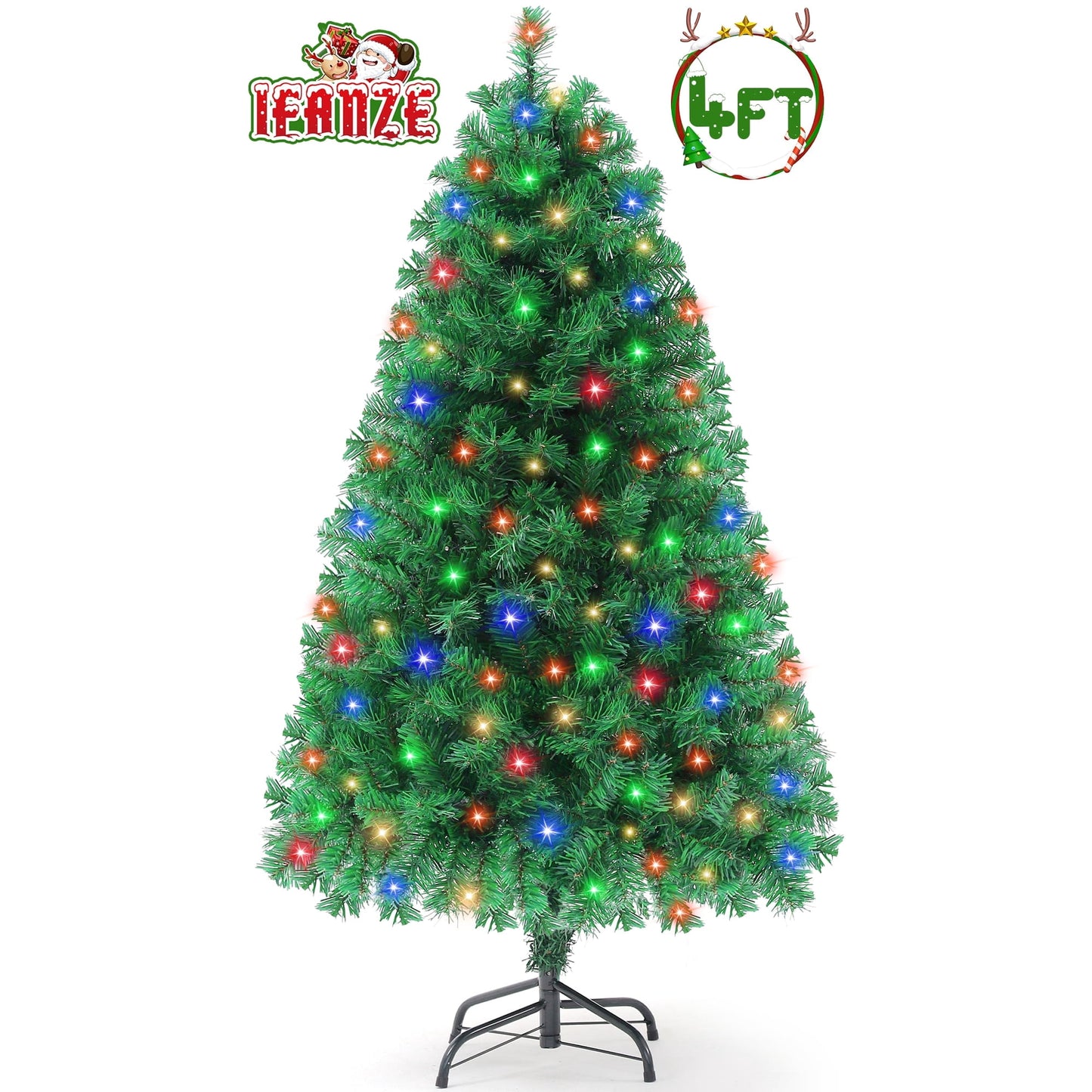 Pre-Lit Christmas Tree, 4ft Artificial Green Xmas Tree with Multi-colored 150 LED Lights & Metal Stand, 360 Lifelike Branch Tips