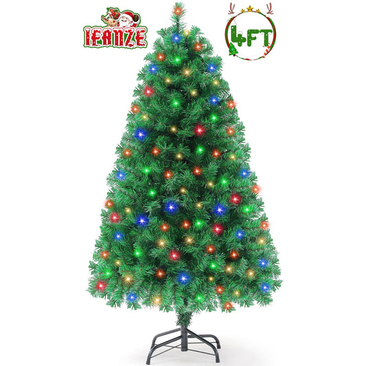 Pre-Lit Christmas Tree, 4ft Artificial Green Xmas Tree with Multi-colored 150 LED Lights & Metal Stand, 360 Lifelike Branch Tips