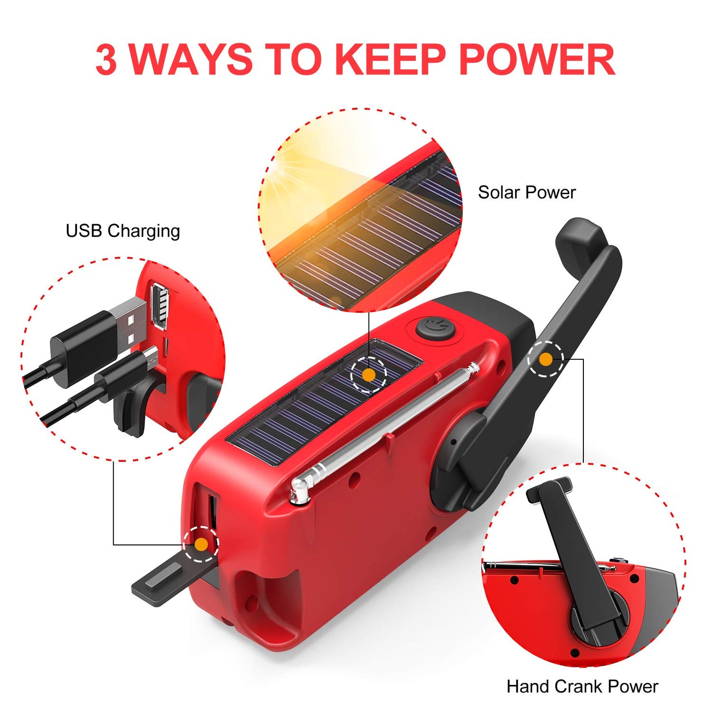 NOAA Weather Radio, Qunler AM FM WB Portable Hand Crank Solar Emergency Radio, 2000mAh Rechargeable Power Bank for Phone Charger, Weather Alert, Flashlight for Emergency