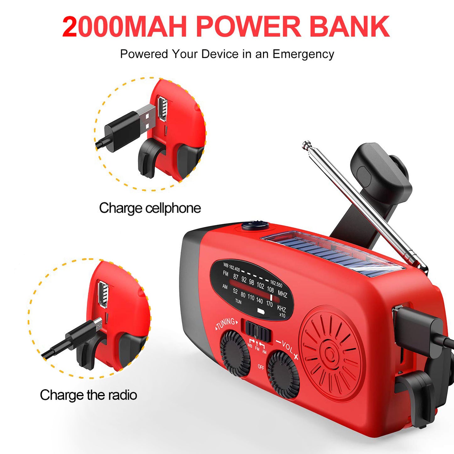 2 Pack - NOAA Weather Radio, AM FM WB Hand Crank Emergency Radio, 2000mAh Rechargeable Power Bank for Phone Charger Portable Solar Radio, Weather Alert, Flashlight for Emergency